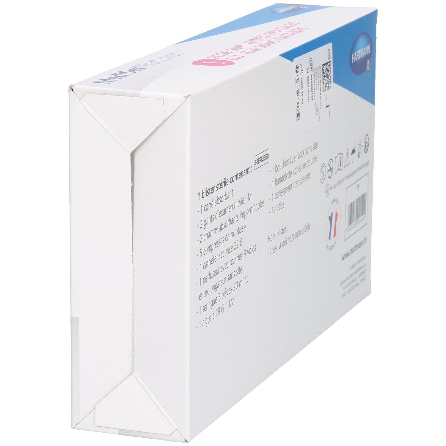 Dos de la boîte Mediset Perfusion. Liste des composants et informations du fabricant. Avec label de qualité français.