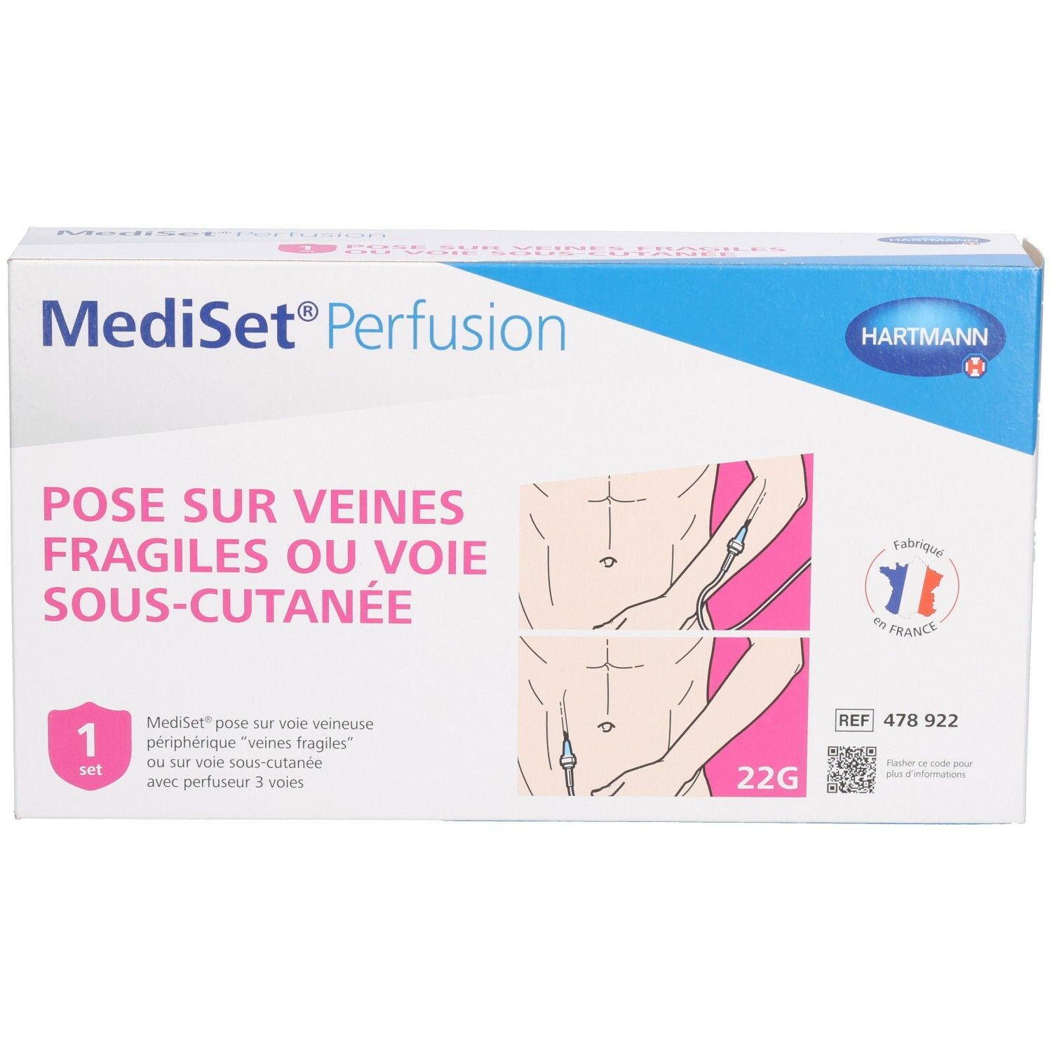 Boîte Mediset Perfusion. Inscription : Pose sur veines fragiles ou voie sous-cutanée. Avec illustrations et logo du fabricant.