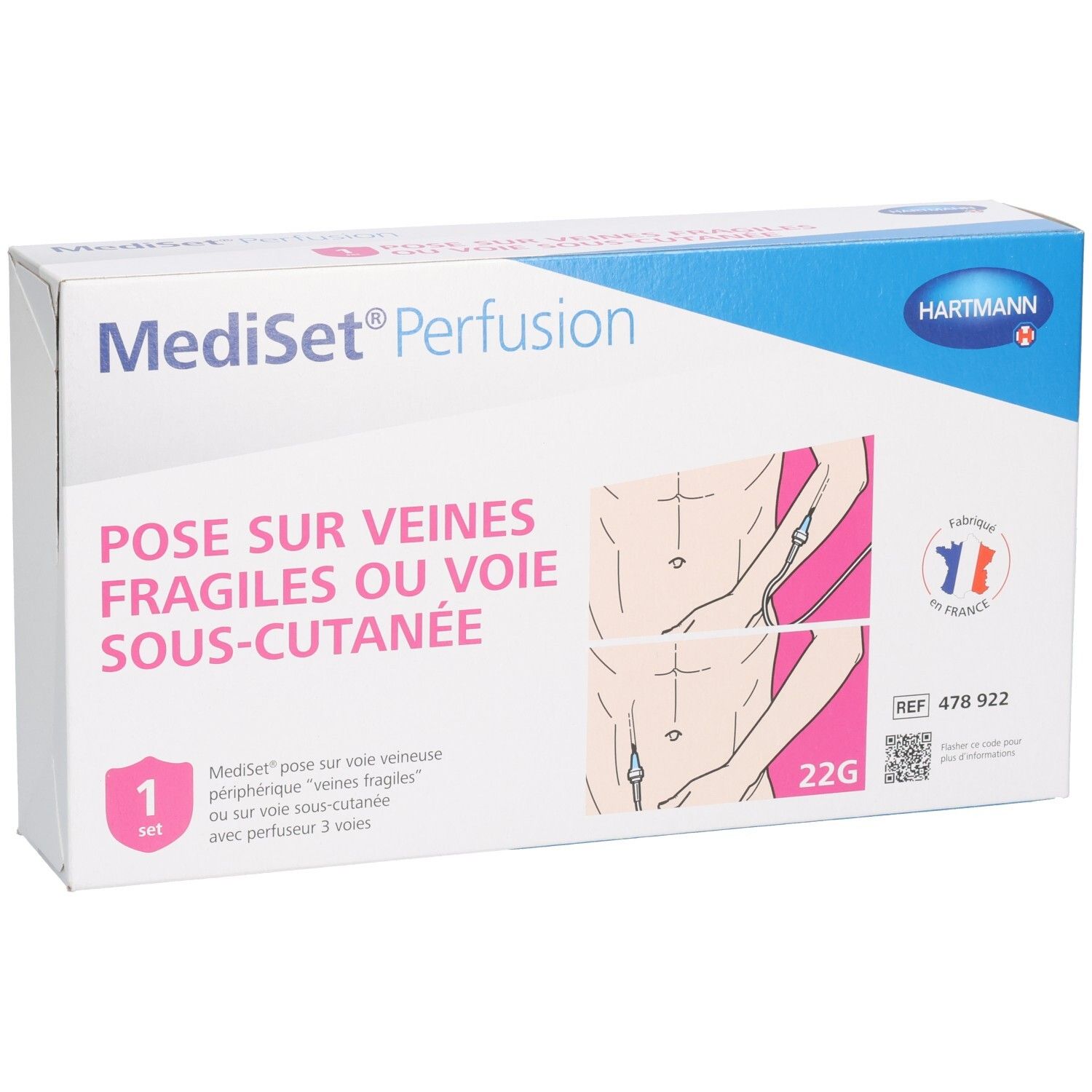 Boîte Mediset Perfusion. Inscription : Pose sur veines fragiles ou voie sous-cutanée. Avec illustrations et logo du fabricant.