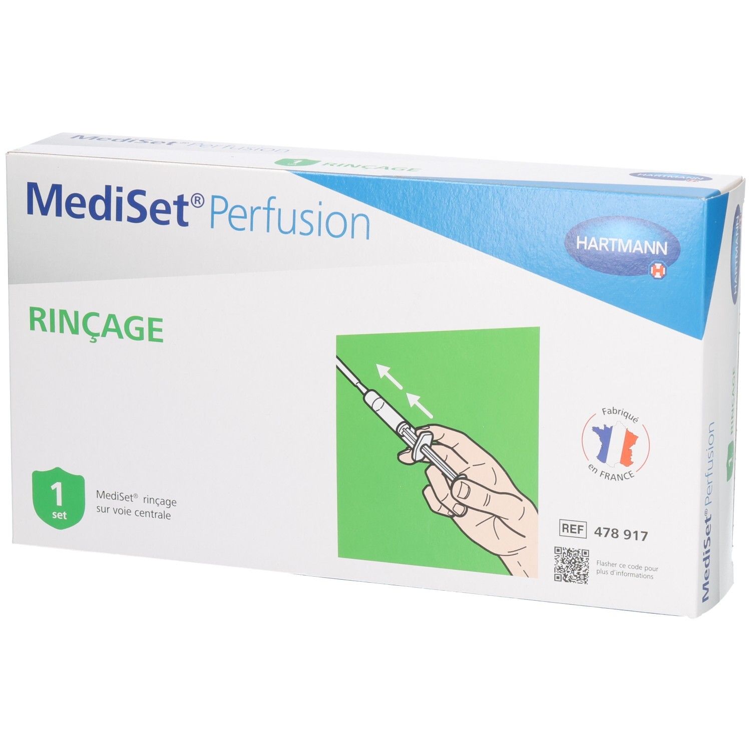 Boîte Mediset Perfusion Rinçage. Blanche, bleue et verte. Illustration du set et logo Hartmann.