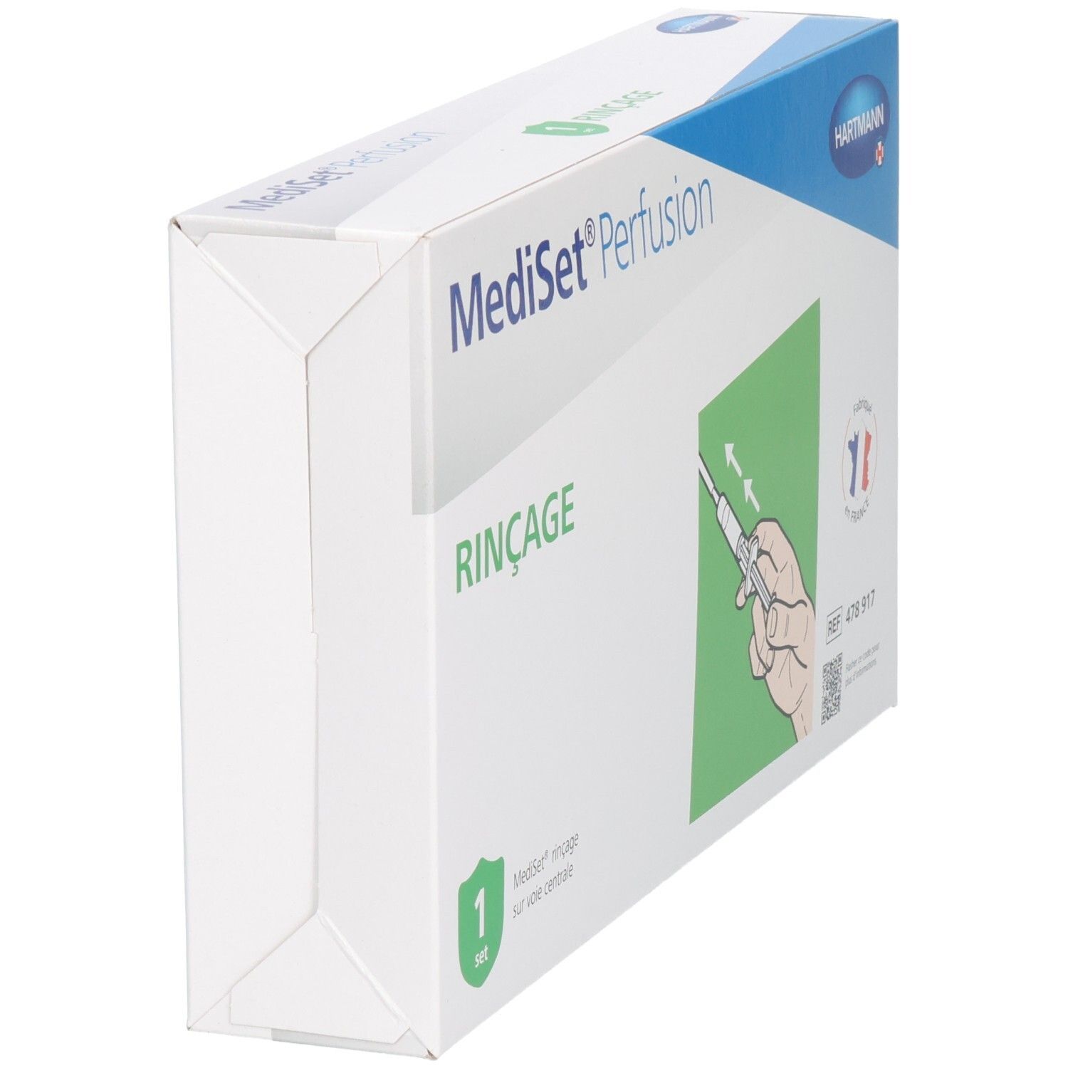 Vue oblique de la boîte Mediset Perfusion Rinçage. Blanche, bleue et verte. Logo Hartmann.
