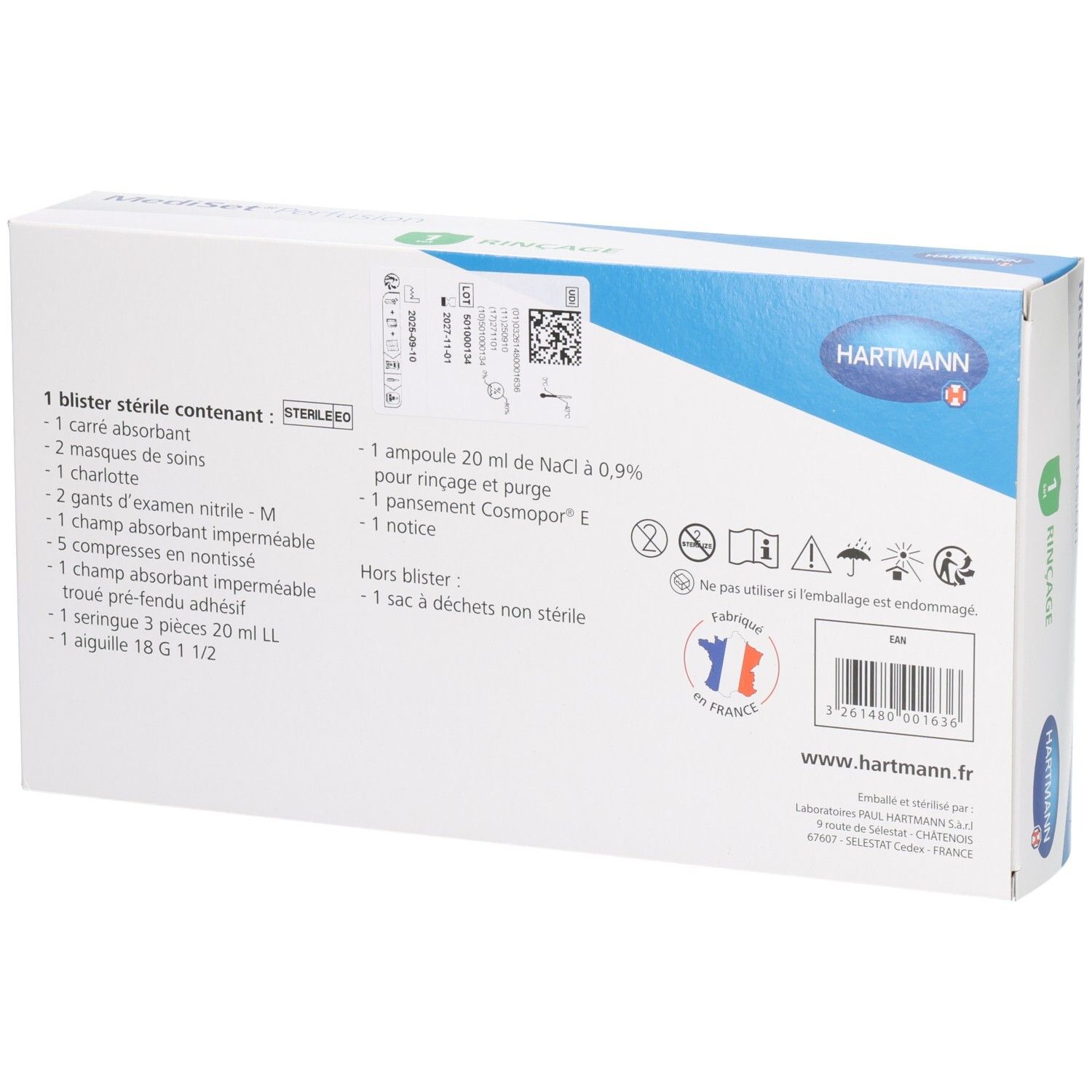 Dos de la boîte Mediset Perfusion Rinçage. Contient la liste des composants et des logos.