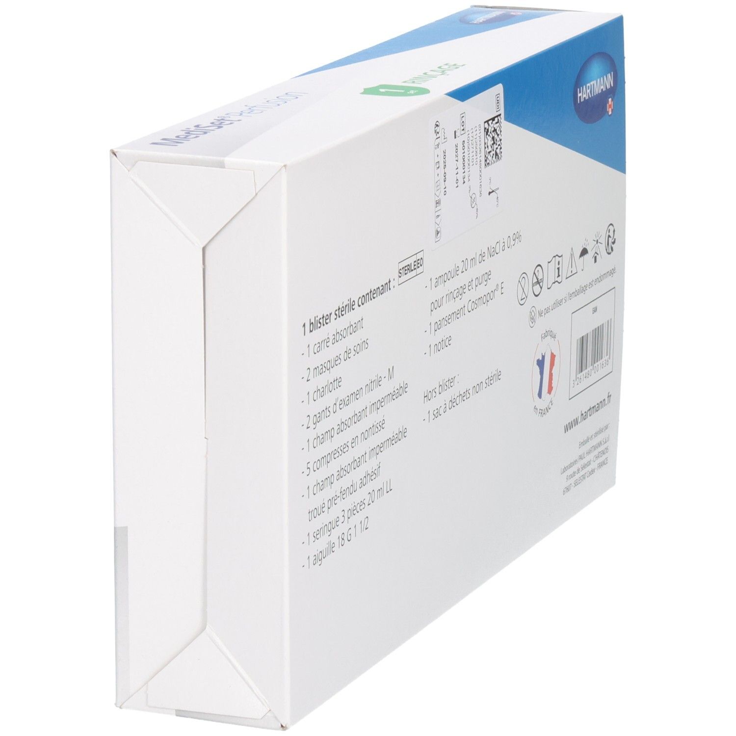 Vue oblique du dos de la boîte Mediset Perfusion Rinçage. Contient liste des composants et logos.