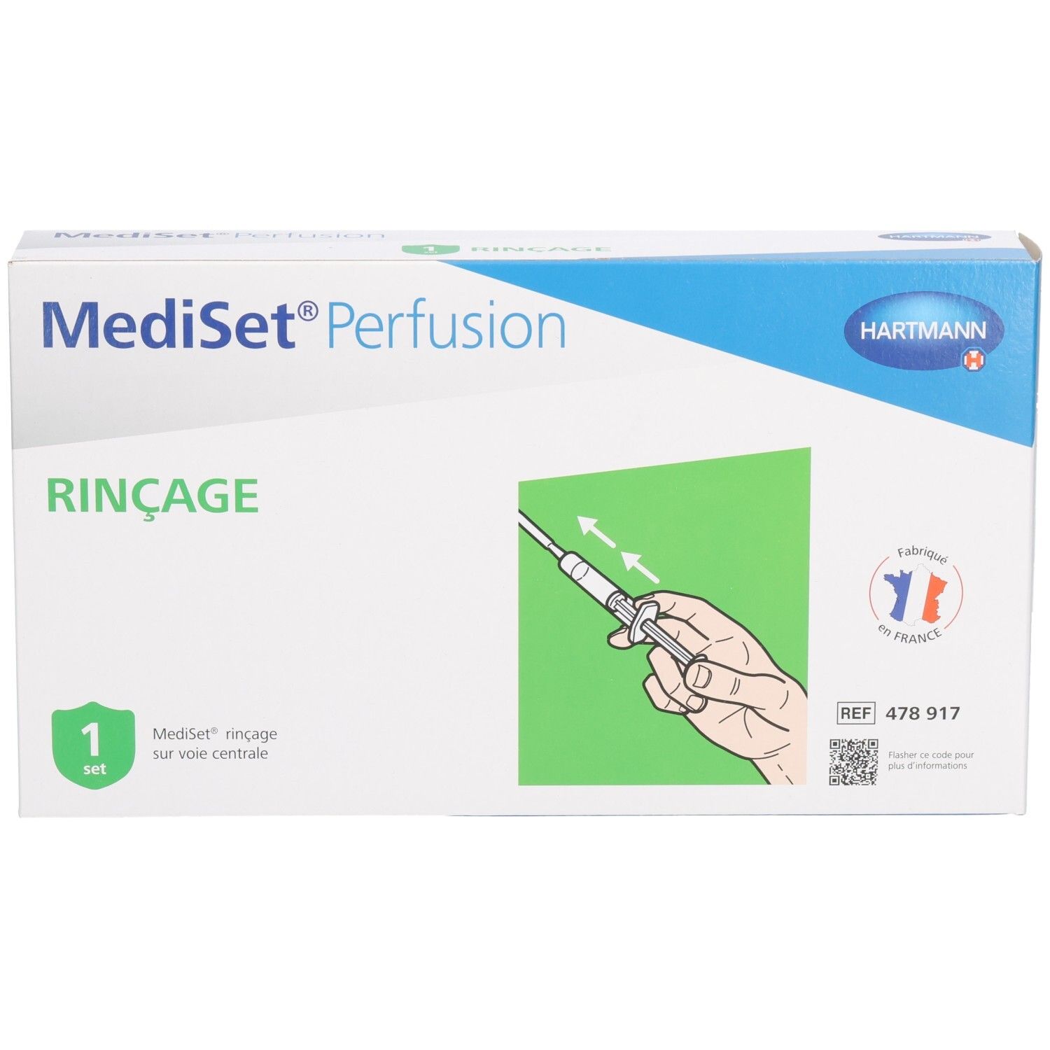 Boîte Mediset Perfusion Rinçage. Blanche, bleue et verte. Illustration du set et logo Hartmann.