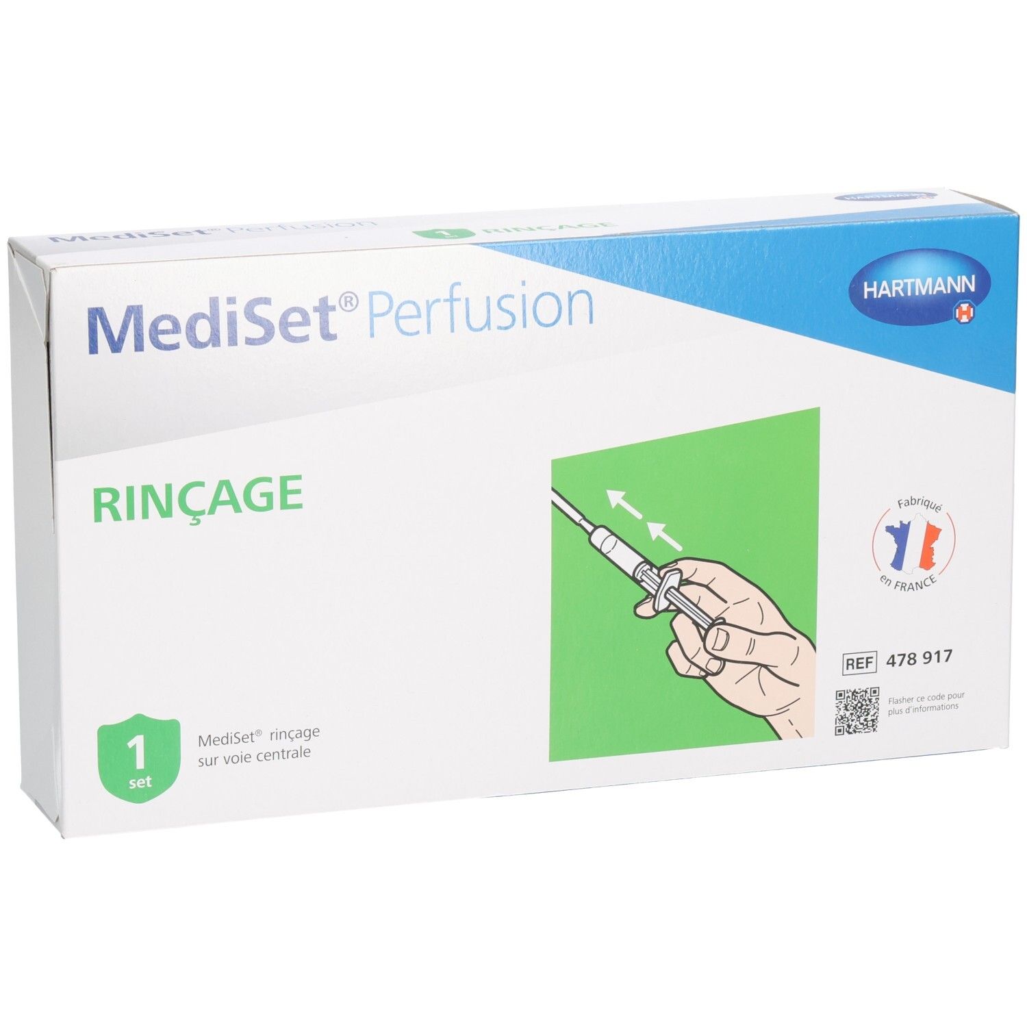 Boîte Mediset Perfusion Rinçage. Blanche, bleue et verte. Illustration du set et logo Hartmann.