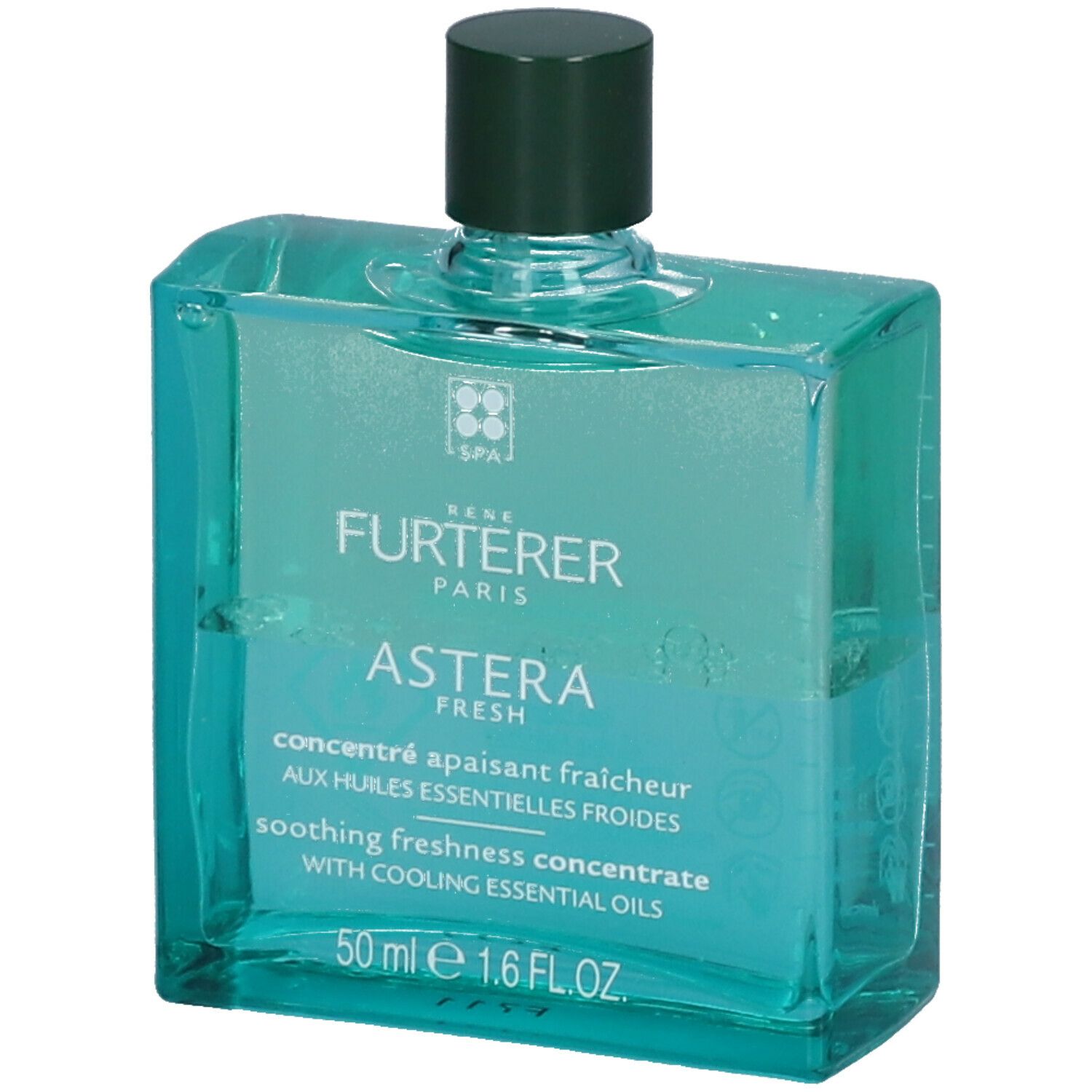 Flacon carré transparent avec bouchon vert. Inscription: René Furterer, Astera Fresh, 50 ml. Contenu liquide bleu clair.