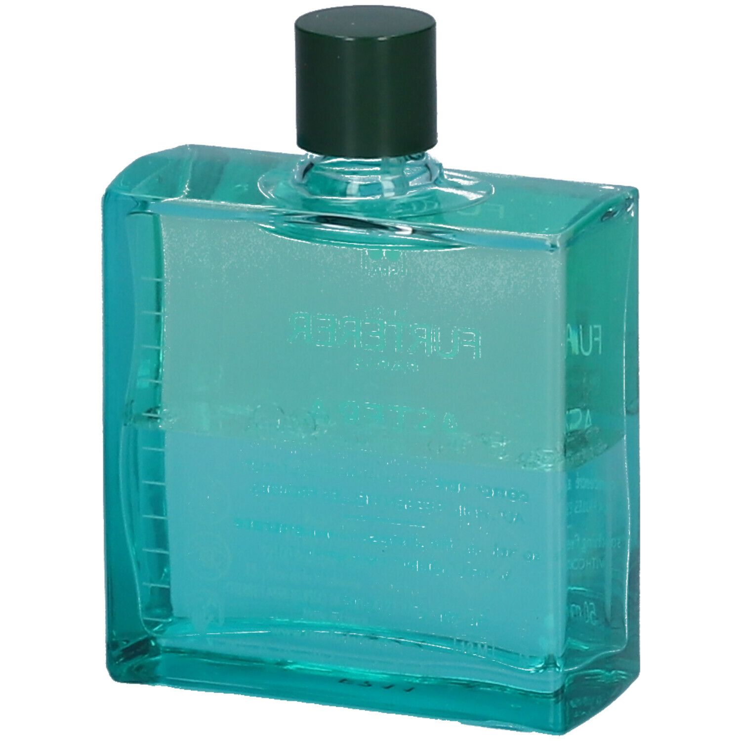 Flacon carré avec bouchon vert. Liquide bleu. Inscription illisible. Produit René Furterer.