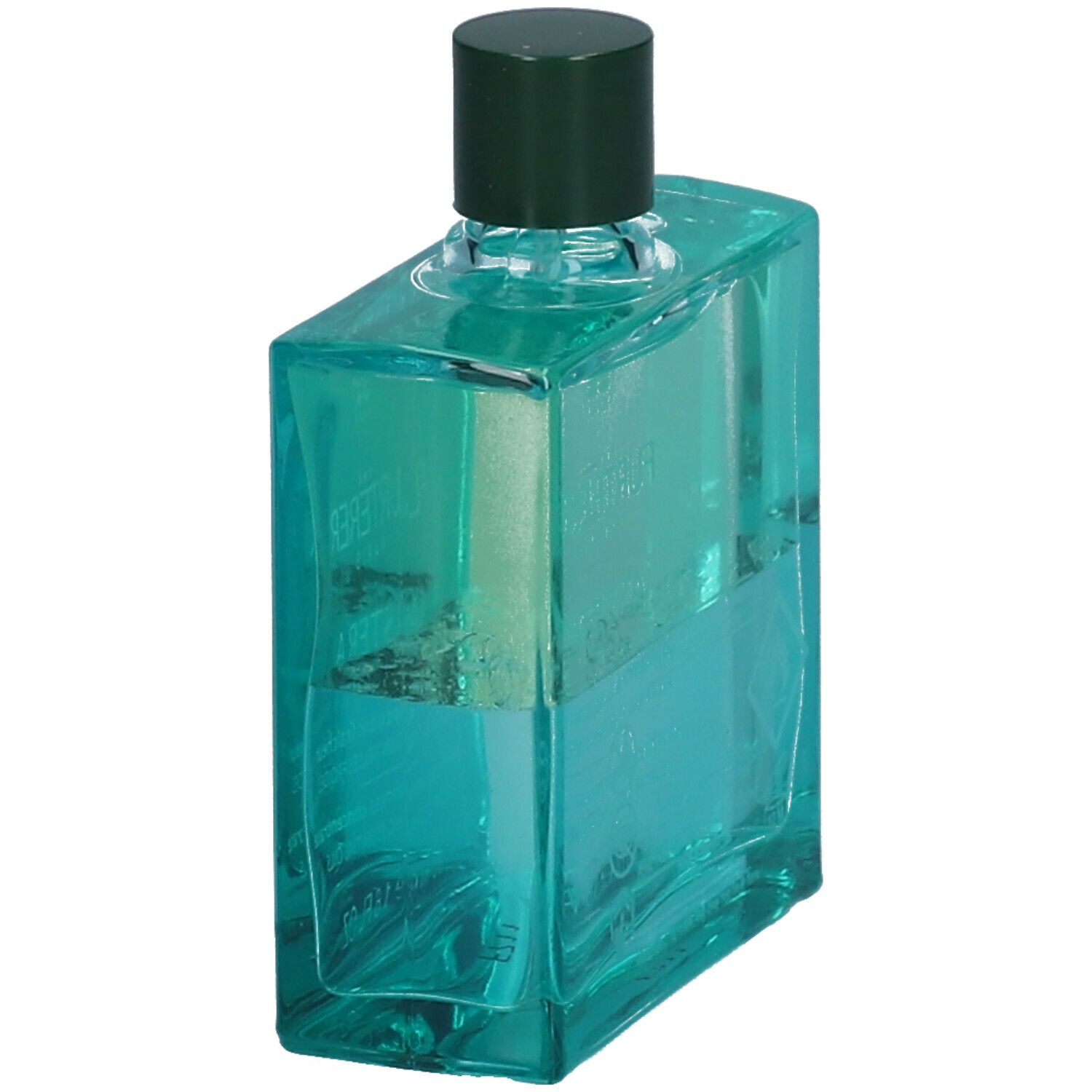 Flacon carré avec bouchon vert. Liquide bleu. Produit René Furterer. Vue en perspective.