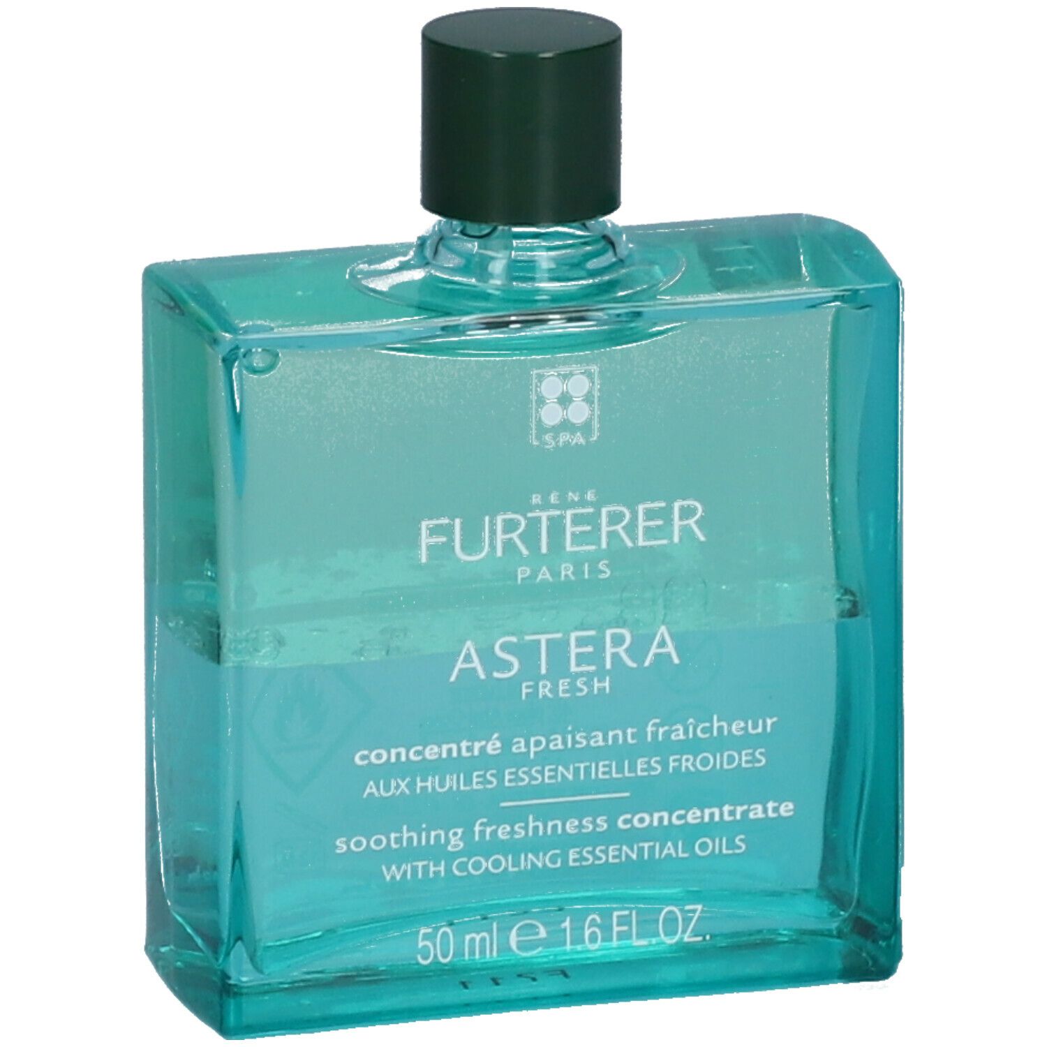 Flacon carré avec bouchon vert. Inscription: René Furterer, Astera Fresh, 50 ml. Liquide bleu.