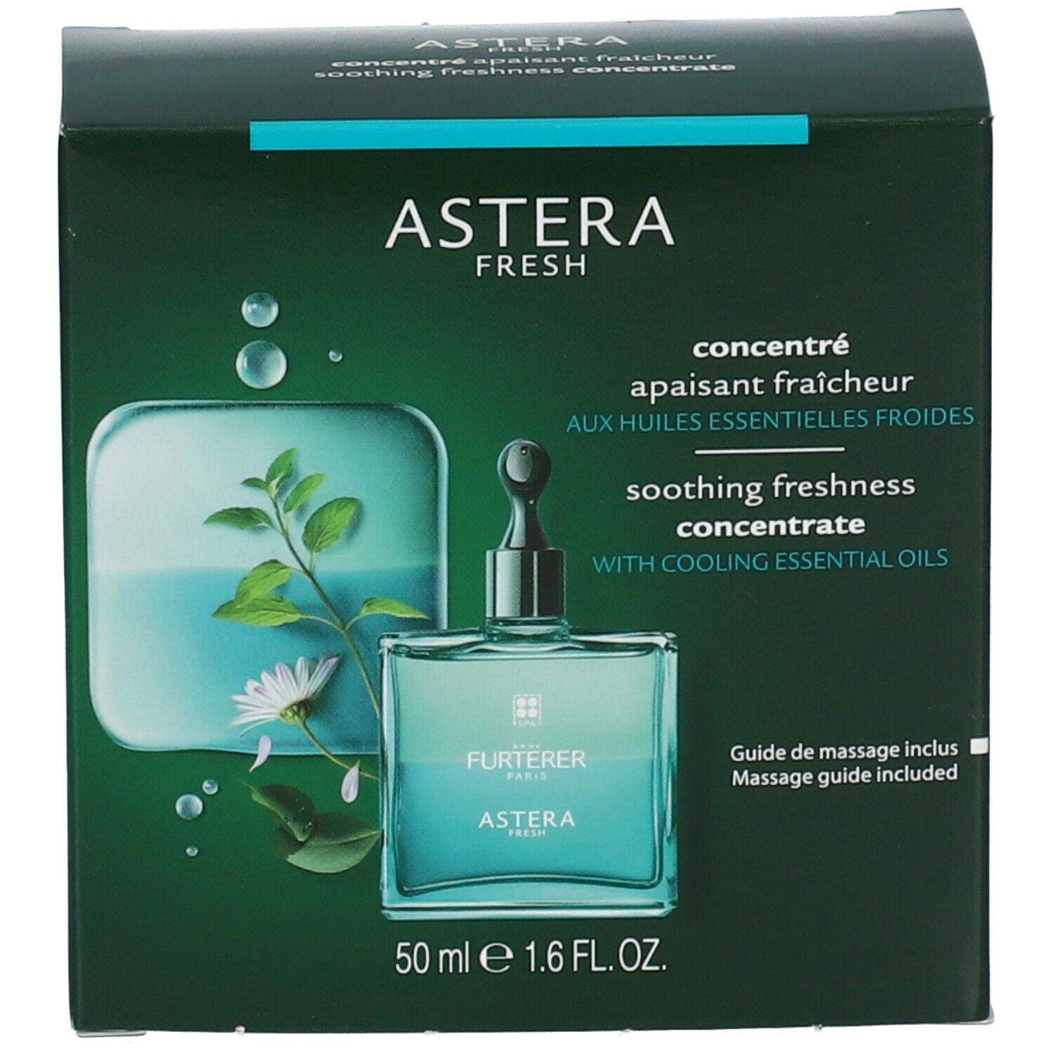 Emballage vert avec image du produit et inscription: Astera Fresh. Contient une image du flacon.