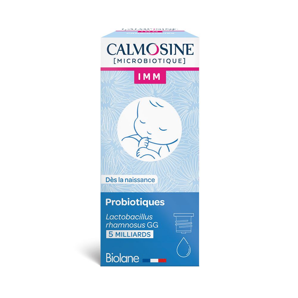 Boîte CALMOSINE IMM, illustration bébé, texte: Dès la naissance, Probiotiques, 5 milliards.