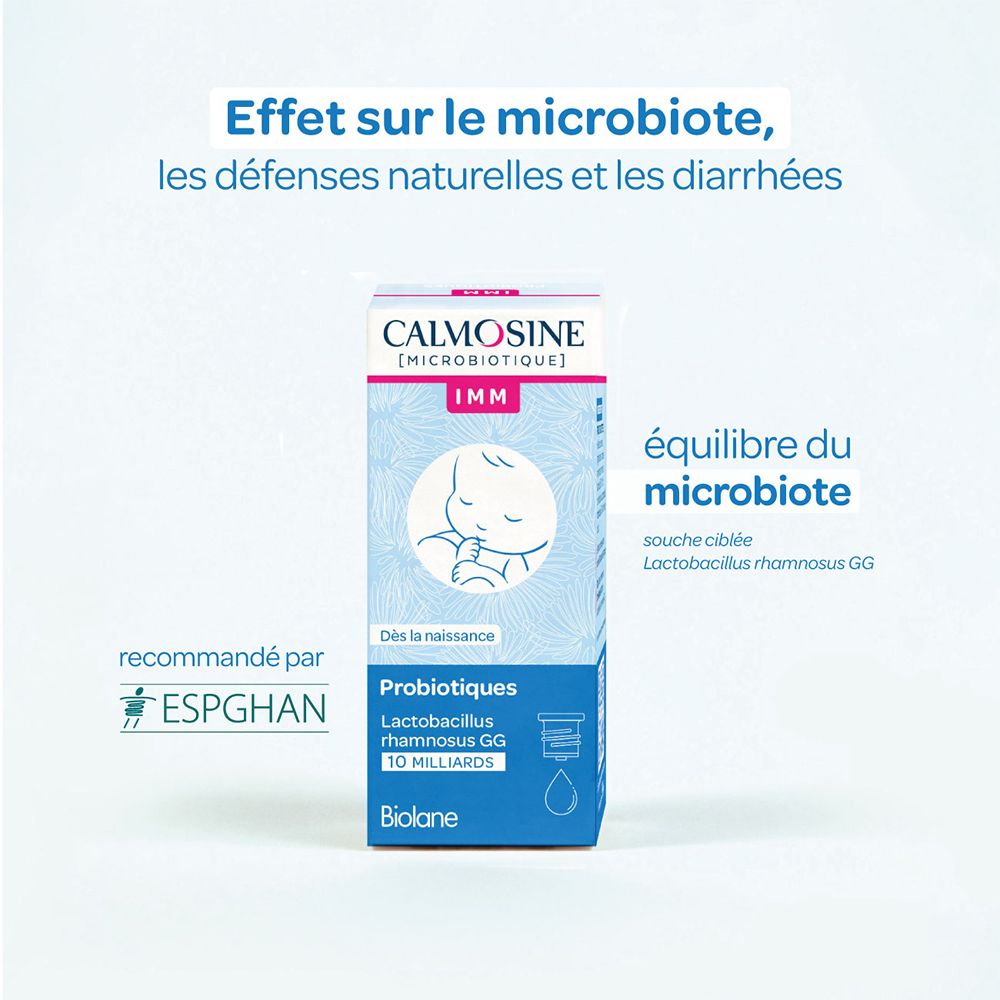 Boîte CALMOSINE IMM, texte: Effet sur le microbiote, recommandé par ESPGHAN, 10 milliards.