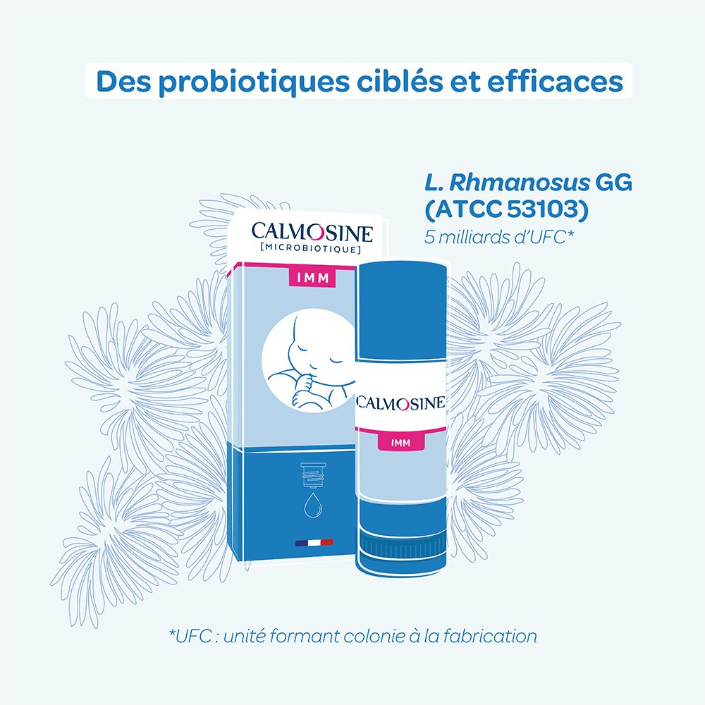 Flacon et boîte CALMOSINE IMM. Texte: Des probiotiques ciblés et efficaces, L. Rhamnosus GG, 5 milliards.