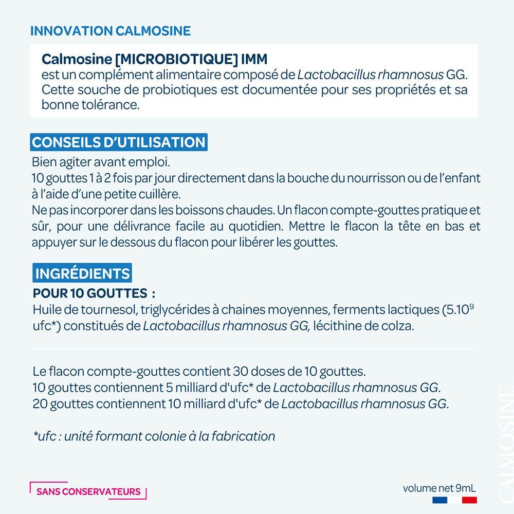Texte: Innovation CALMOSINE, ingrédients, 10 gouttes, 30 doses, 9ml. Sans conservateurs.