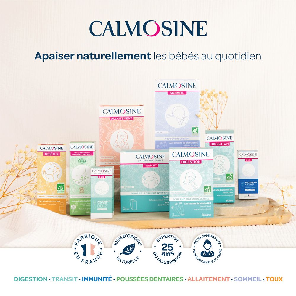 Gamme CALMOSINE. Différents emballages, texte: Digestion, Transit, Immunité, Poussées dentaires, Allaitement, Sommeil.