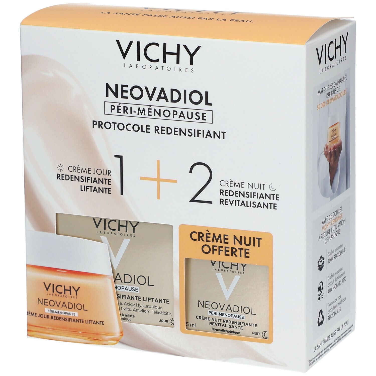 Coffret Vichy Neovadiol Péri-Ménopause. Crème jour et nuit. Boîte avec visuel produit et mentions.