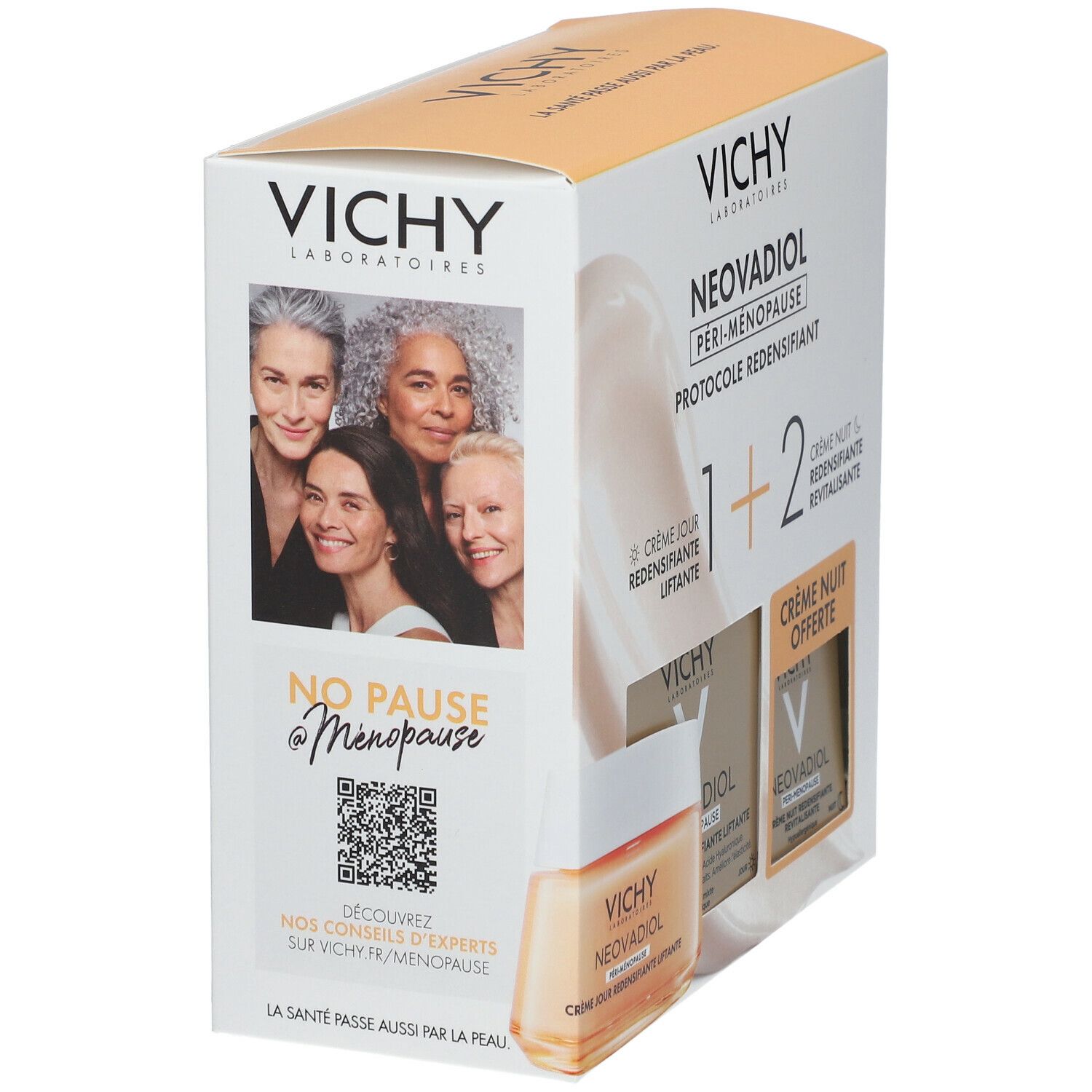 Coffret Vichy Neovadiol Péri-Ménopause. Visuel femmes et produit. Inscription "No Pause @Menopause".