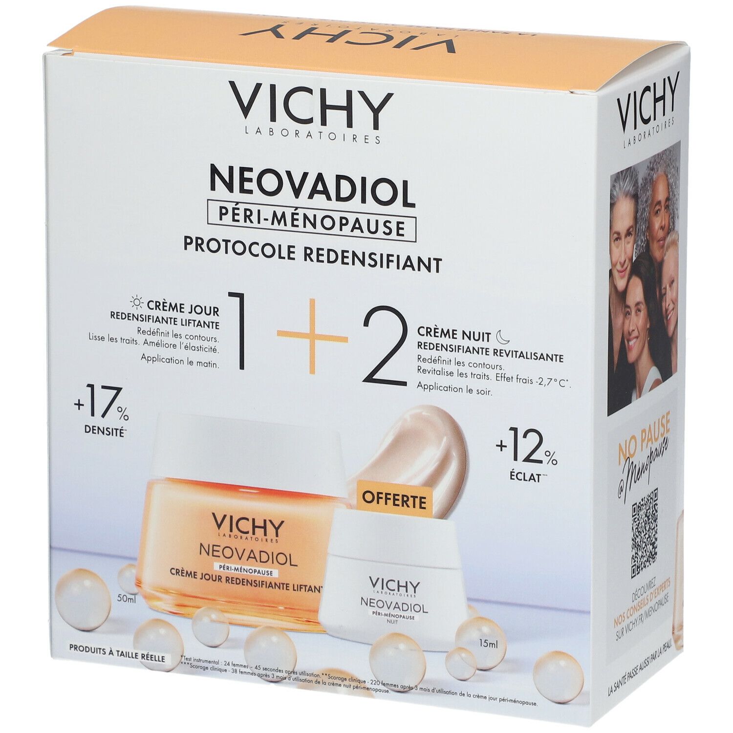 Coffret Vichy Neovadiol Péri-Ménopause. Crèmes jour et nuit. Visuel produit et perles décoratives.