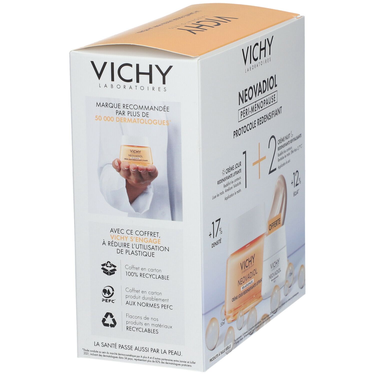 Coffret Vichy Neovadiol Péri-Ménopause. Visuel produit, texte et logo. Mention dermatologues.