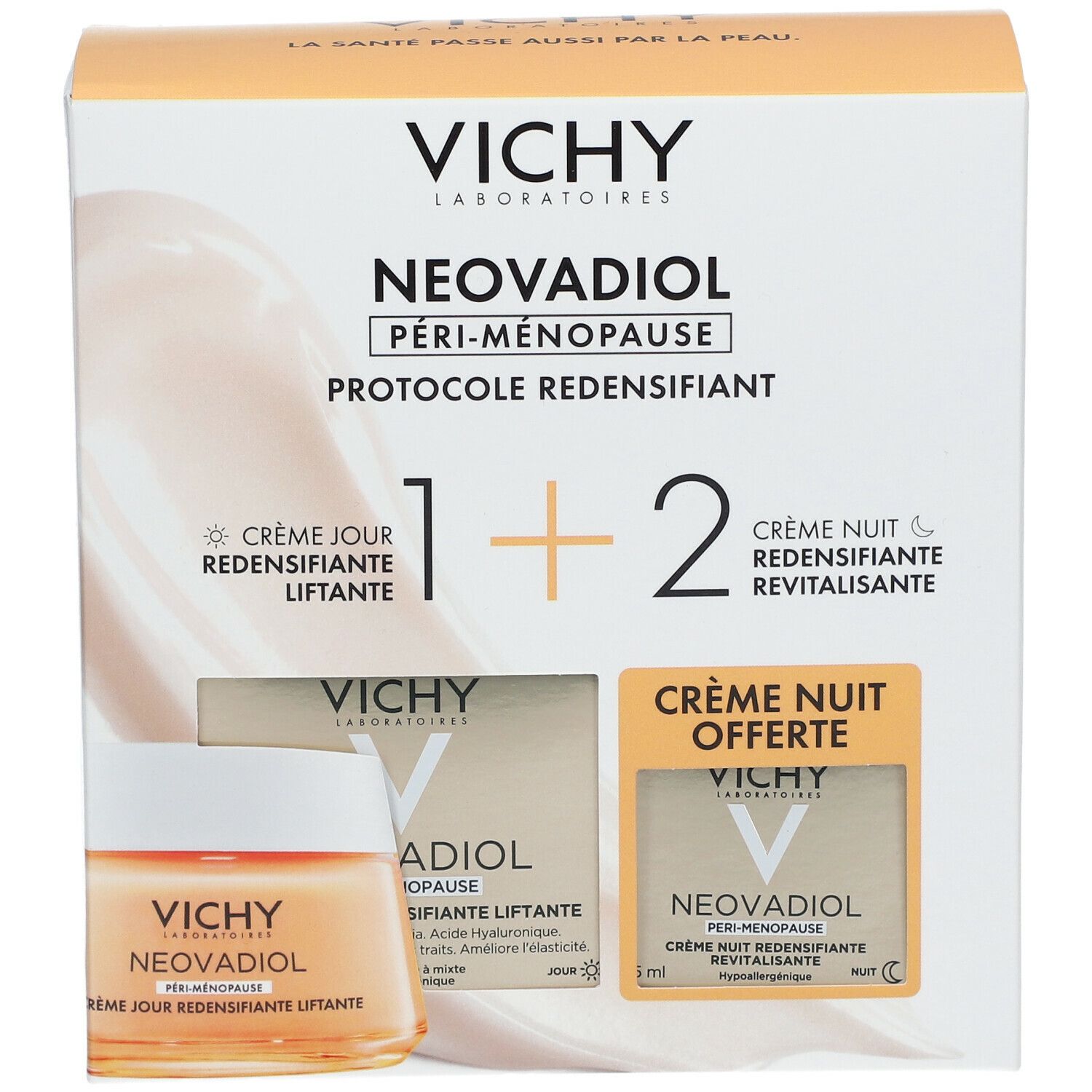 Coffret Vichy Neovadiol Péri-Ménopause. Crèmes jour et nuit. Visuel produit et mentions.