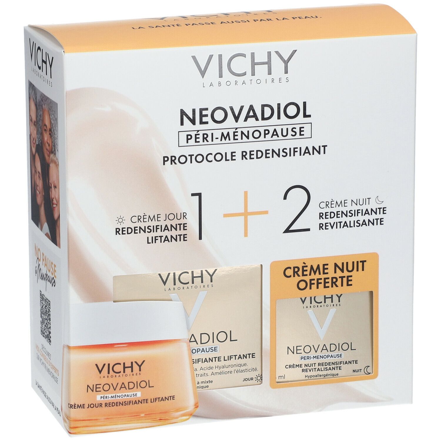 Coffret Vichy Neovadiol Péri-Ménopause. Crèmes jour et nuit. Visuel produit et mentions.
