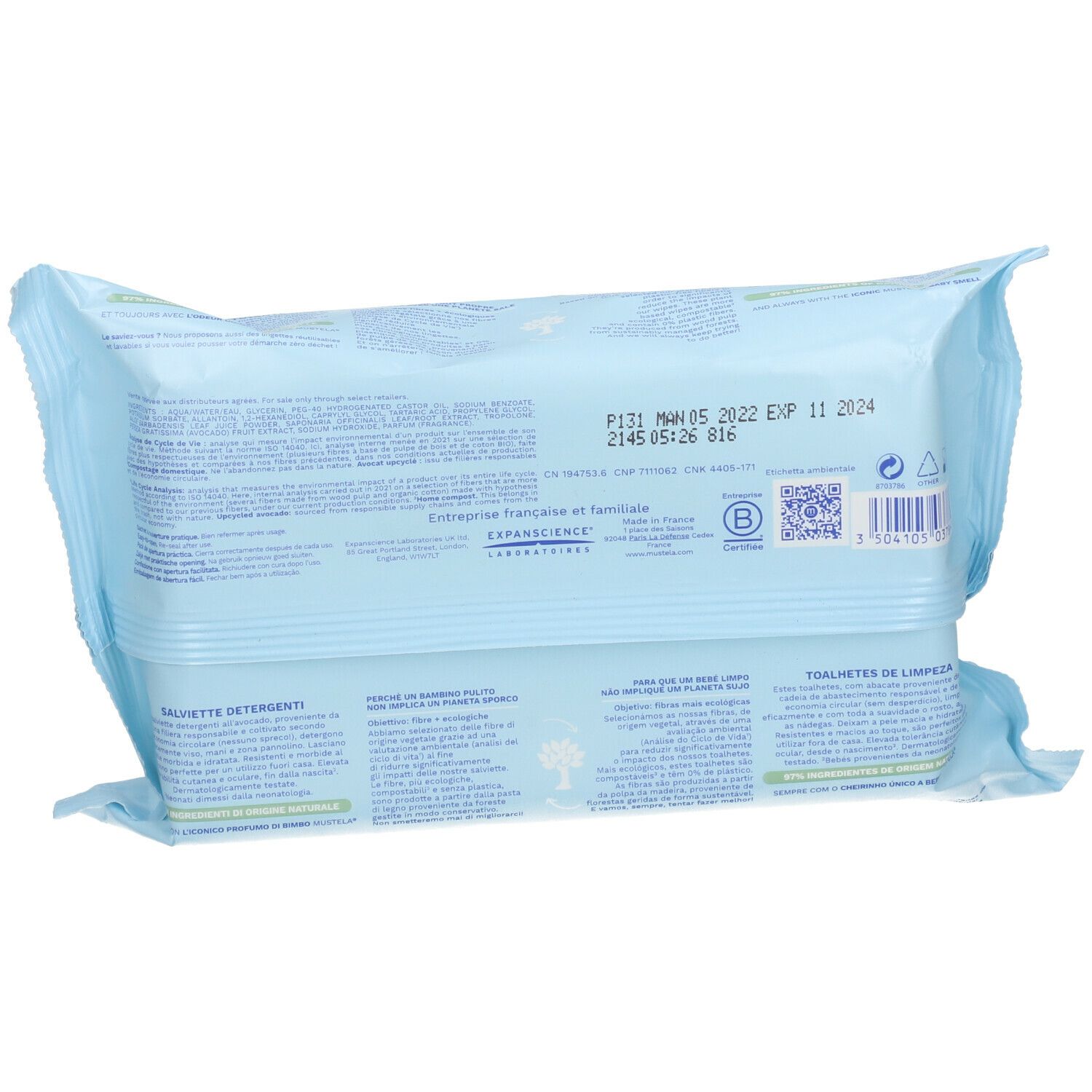 MUSTELA LINGETTES NETTOYANTES - Lingette imprégnée nettoyante à l'avocat bio.  - sachet 60