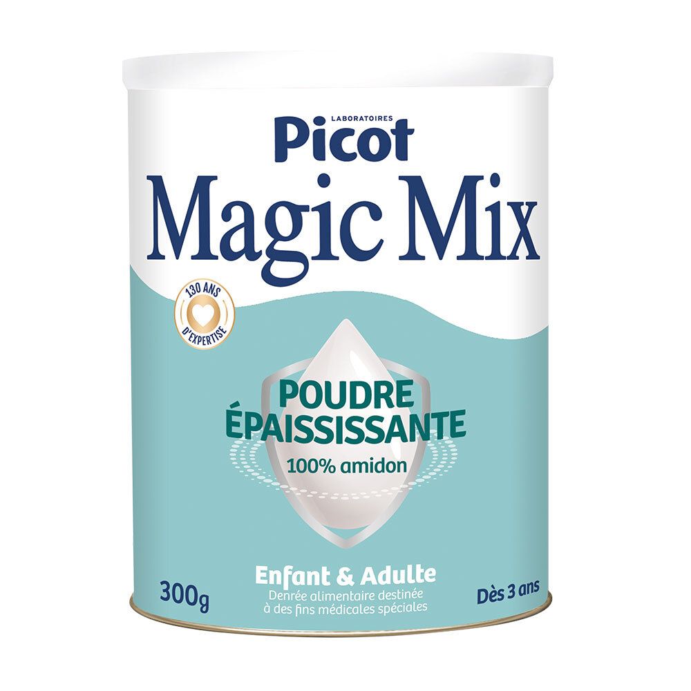 Boîte Picot Magic Mix, blanc et bleu. Inscription: Magic Mix, Poudre épaississante, Enfant & Adulte, 300g. Dès 3 ans.
