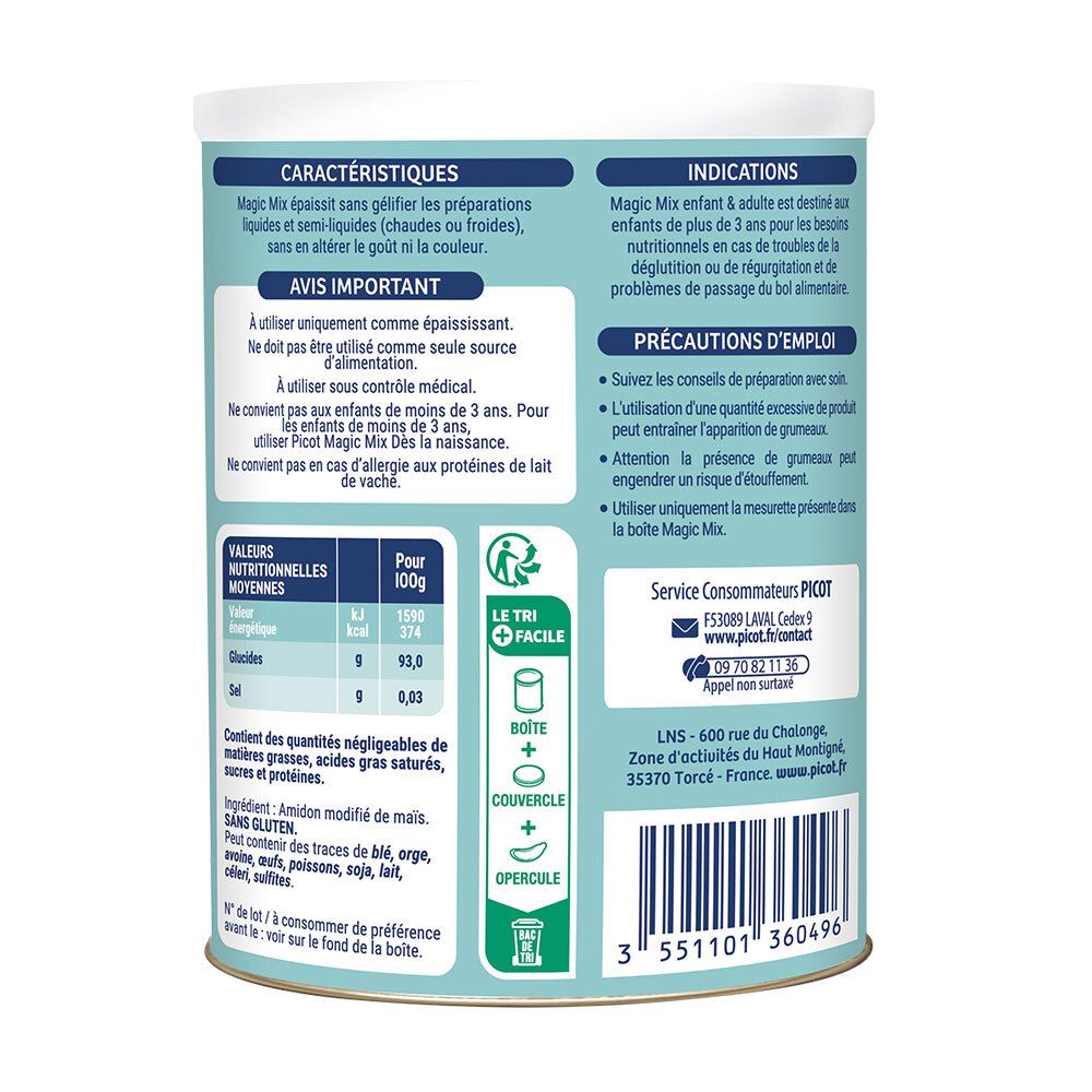 Dos de la boîte Picot Magic Mix. Informations sur les ingrédients, la valeur nutritionnelle et les coordonnées du fabricant.
