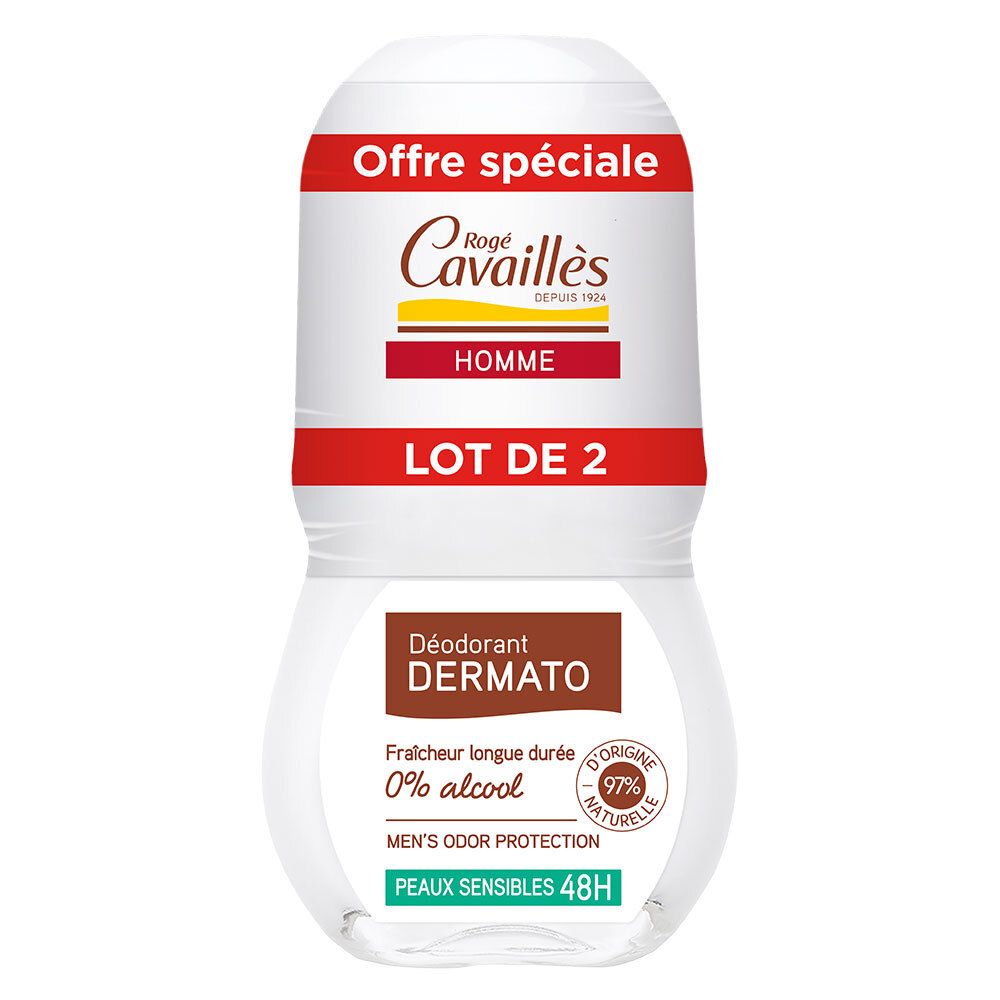 Roll-on déodorant pour hommes. Flacon blanc avec inscriptions rouges et marron. Protection 48H, 0% alcool.