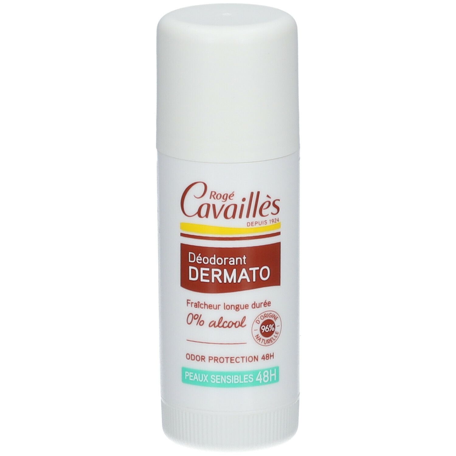 Stick de déodorant blanc. Inscriptions : Rogé Cavaillès, Déodorant Dermato, 0% alcool, protection 48h. 96% ingrédients naturels.