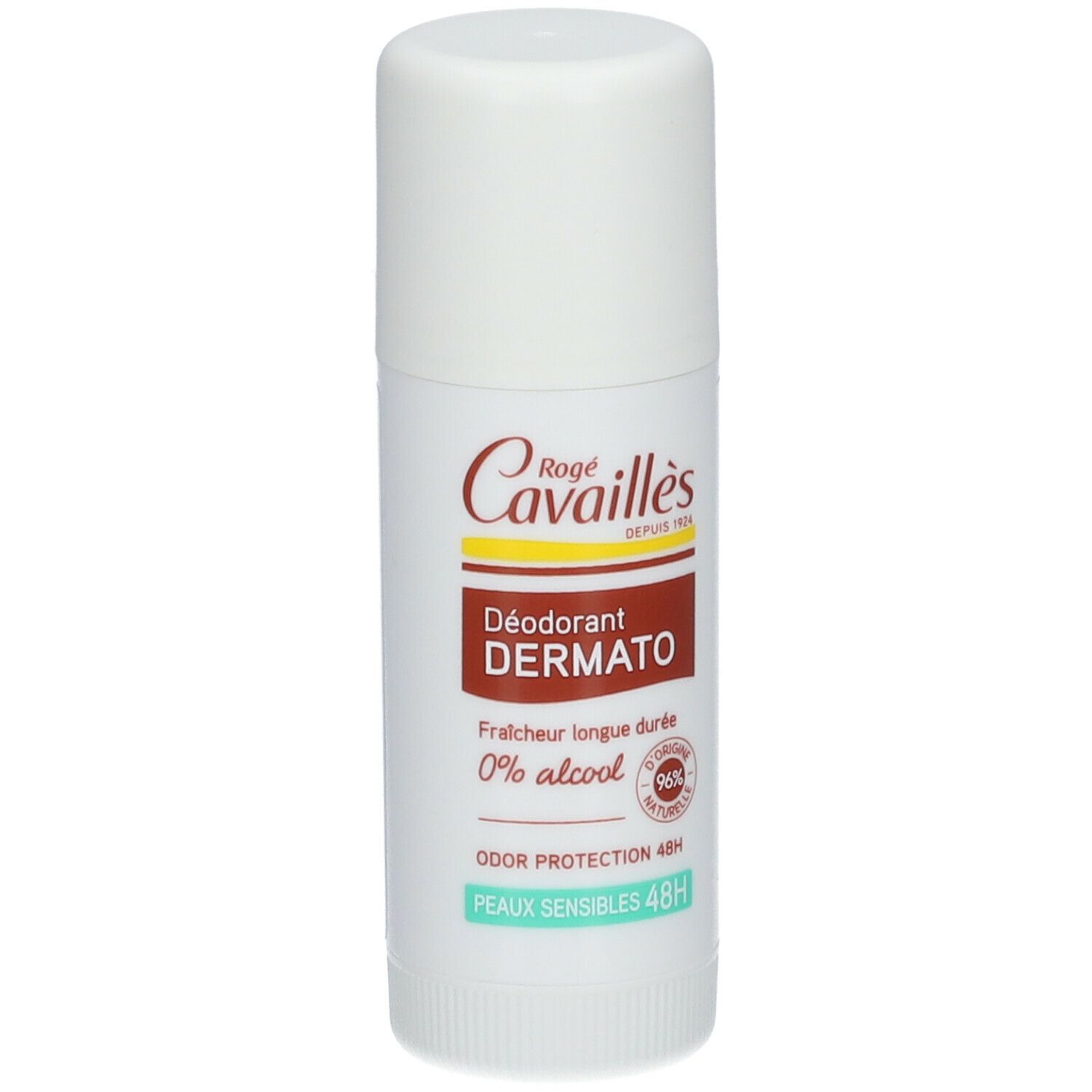 Stick de déodorant blanc. Inscriptions : Rogé Cavaillès, Déodorant Dermato, 0% alcool, protection 48h. 96% ingrédients naturels.