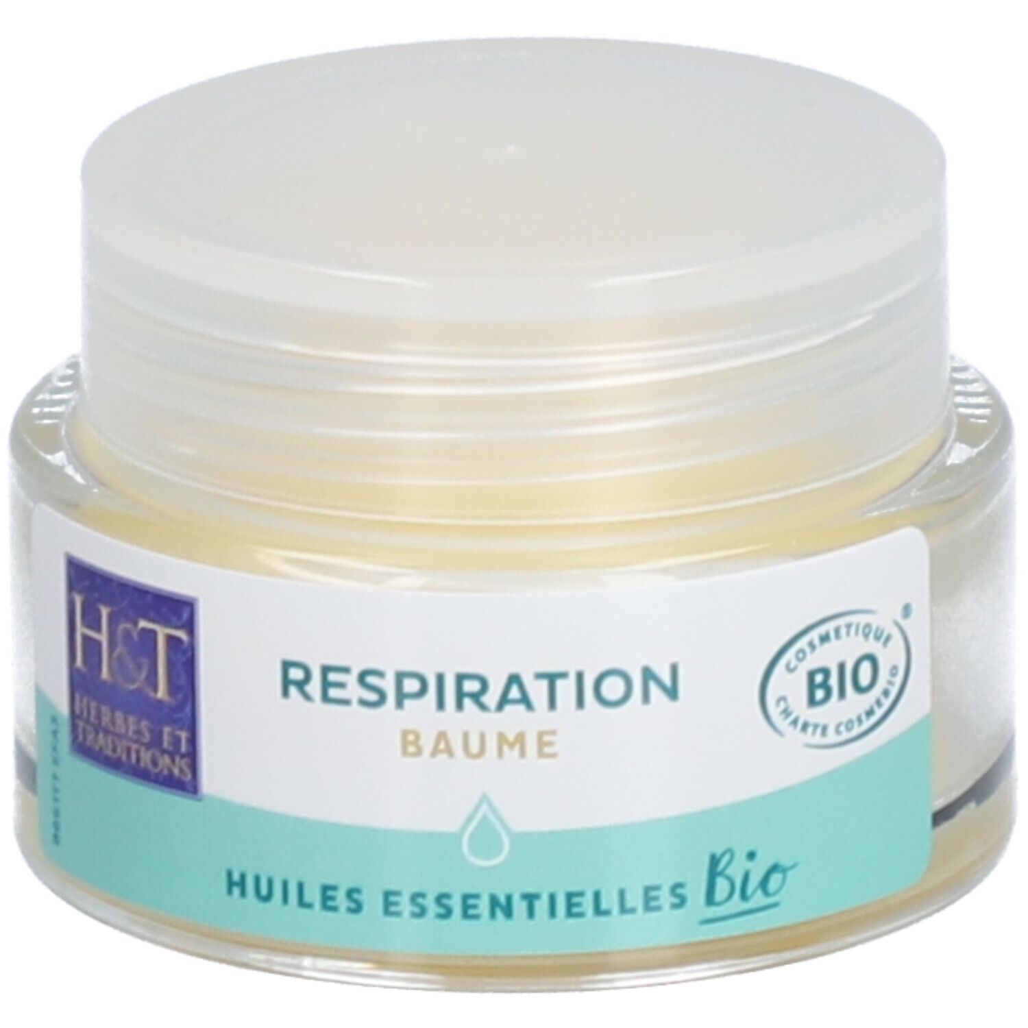 Pot en verre avec baume clair et couvercle. Étiquette avec texte: Respiration Baume, Huiles essentielles Bio. Logo H&T.