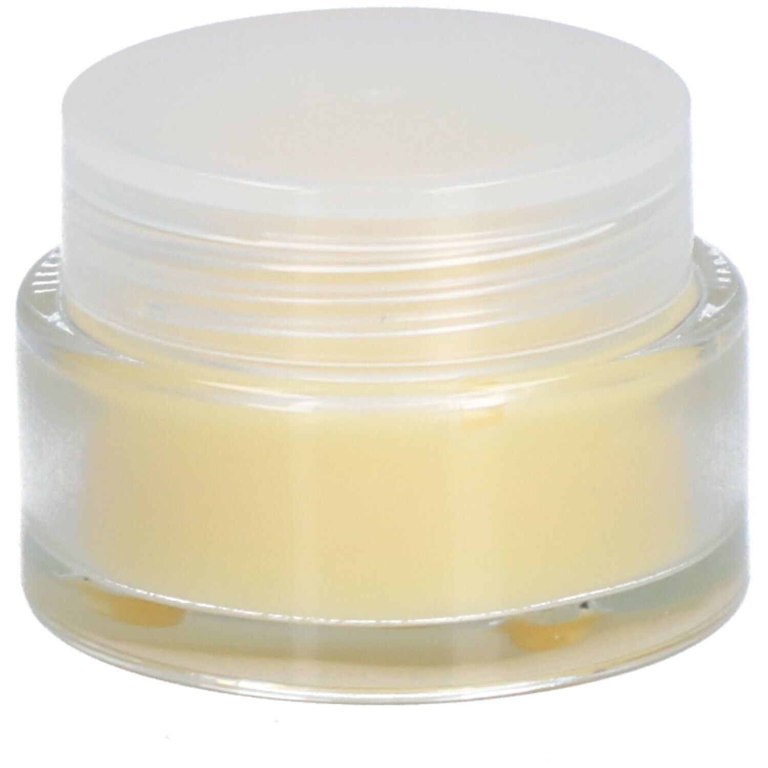 Pot en verre avec baume clair et couvercle. Le pot est transparent, le couvercle blanc.