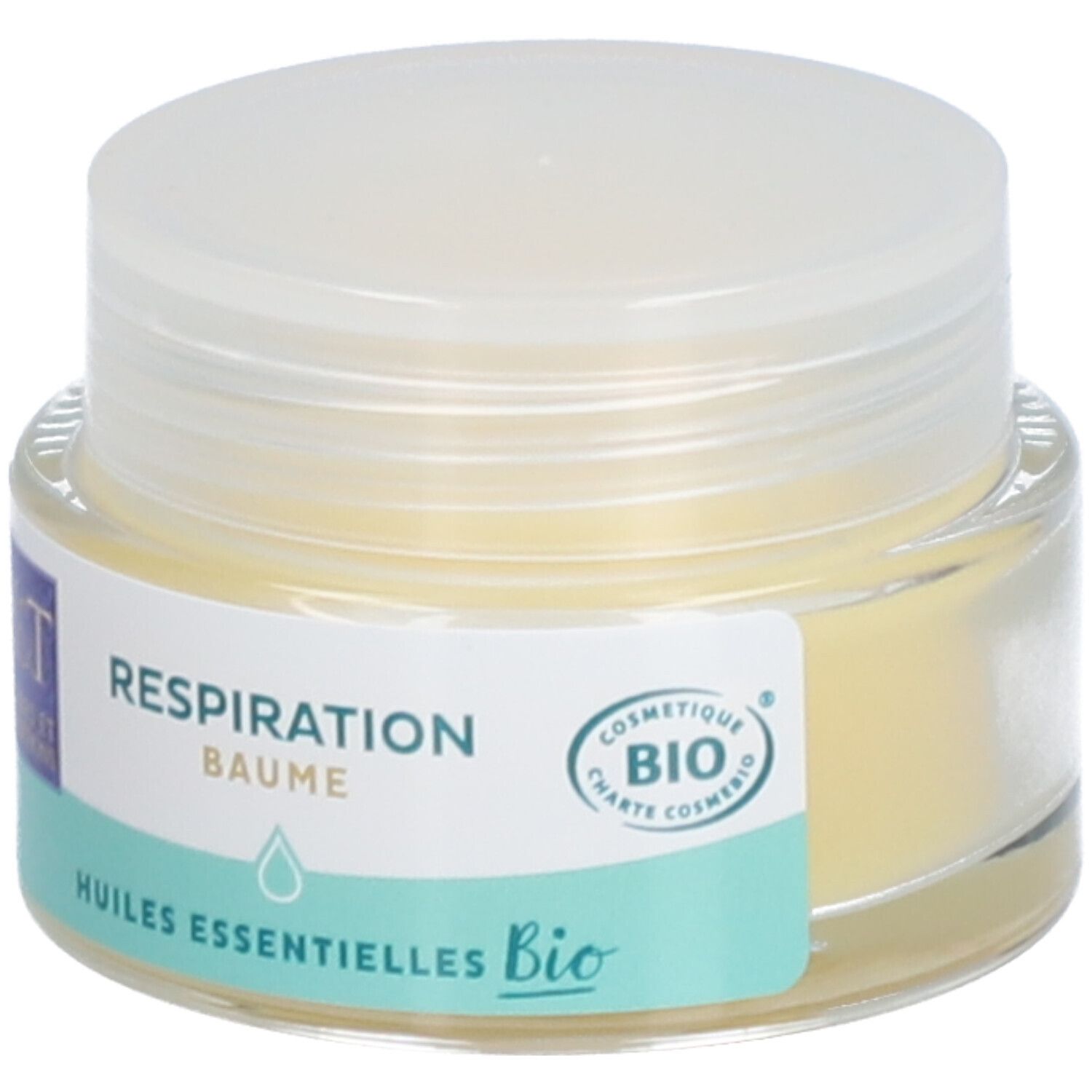 Pot en verre avec baume clair et couvercle. Étiquette avec texte: Respiration Baume, Huiles essentielles Bio. Logo H&T.