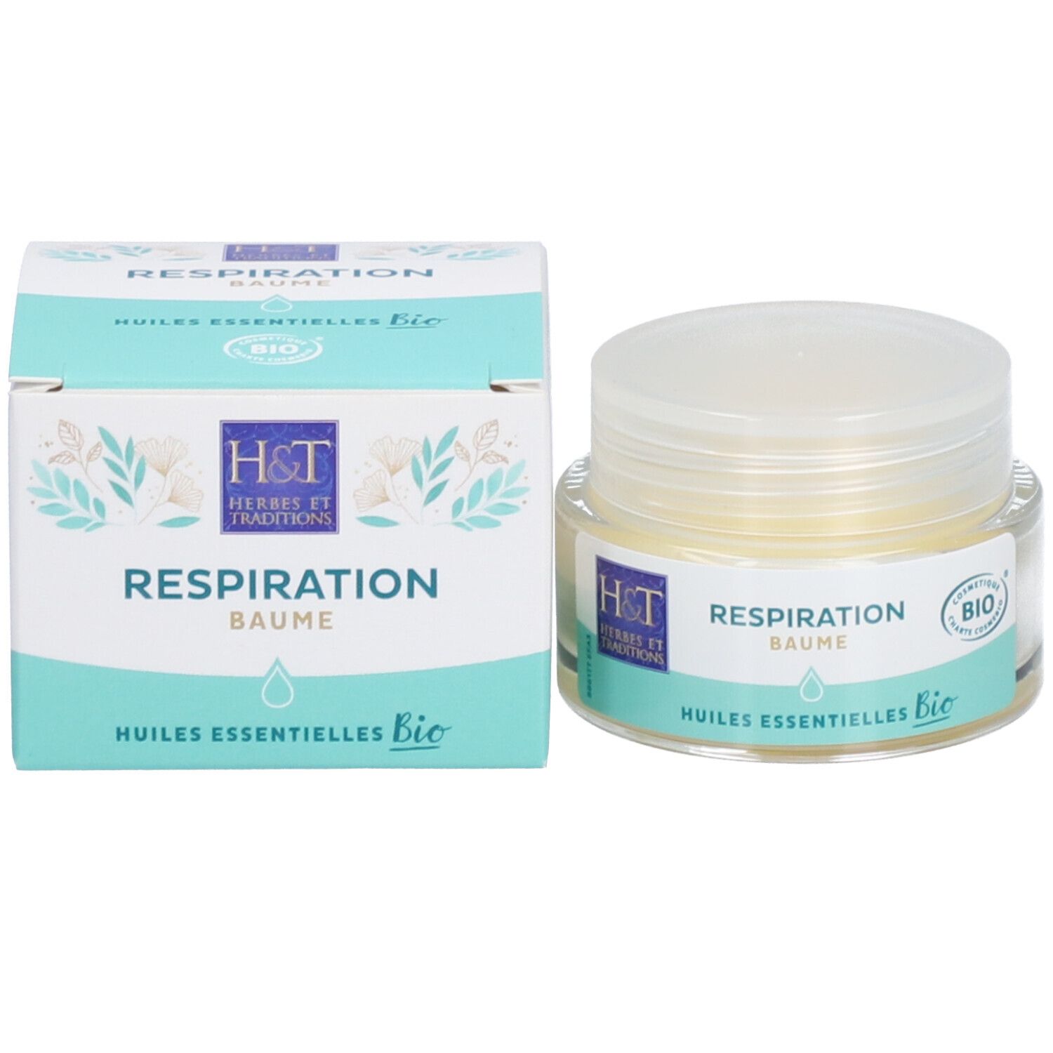 Emballage du produit avec pot en verre et boîte. Inscription: Respiration Baume, Huiles essentielles Bio. Logo H&T.