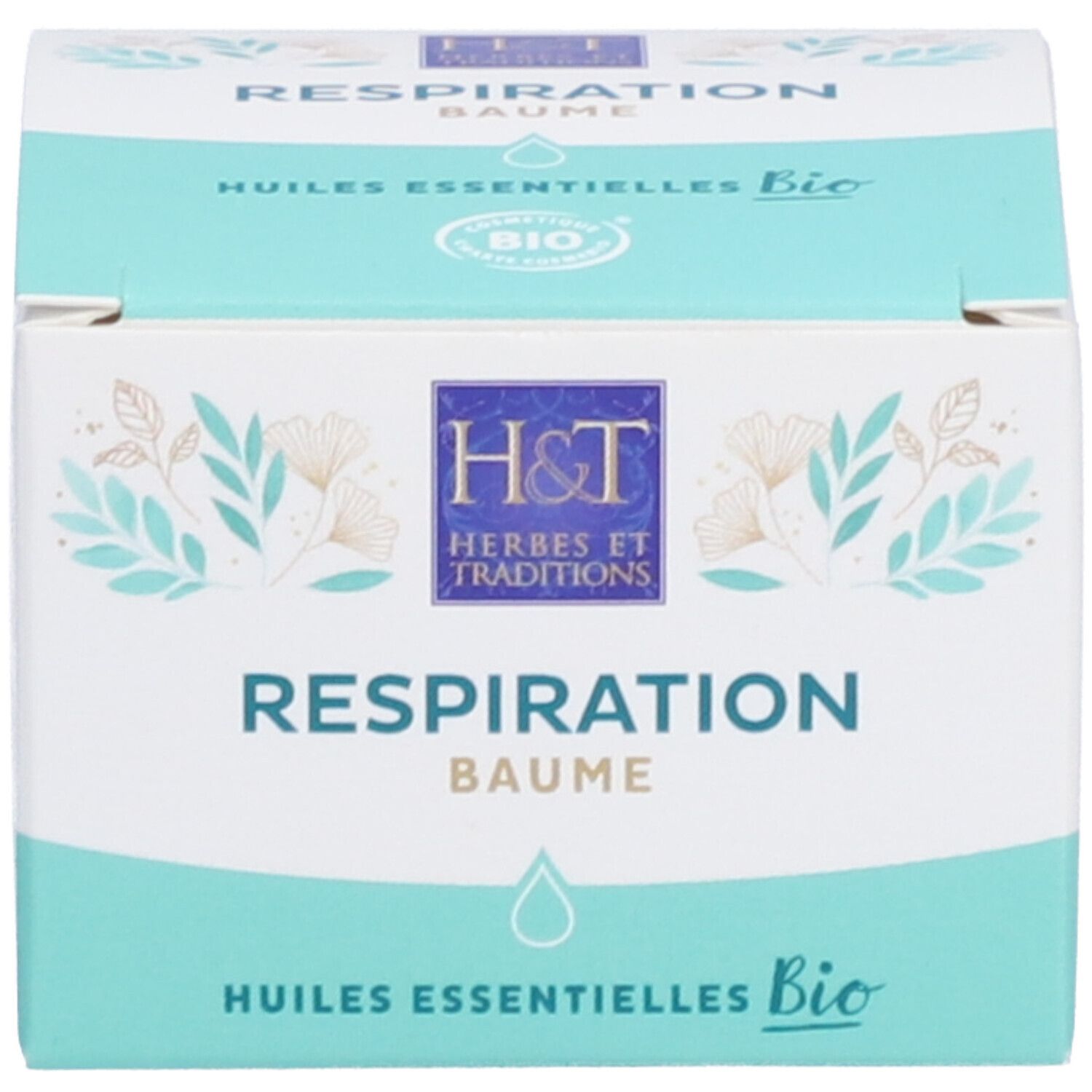 Emballage en carton avec inscription: Respiration Baume, Huiles essentielles Bio. Logo H&T. Design vert et blanc.