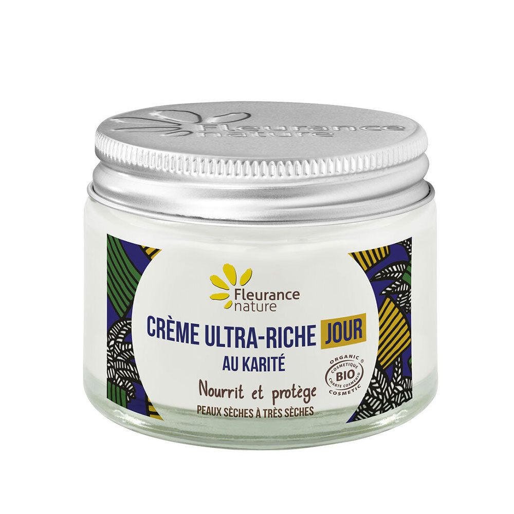 Pot de crème avec couvercle argenté. Étiquette: Crème Ultra-Riche Jour, au Karité. Certification bio.