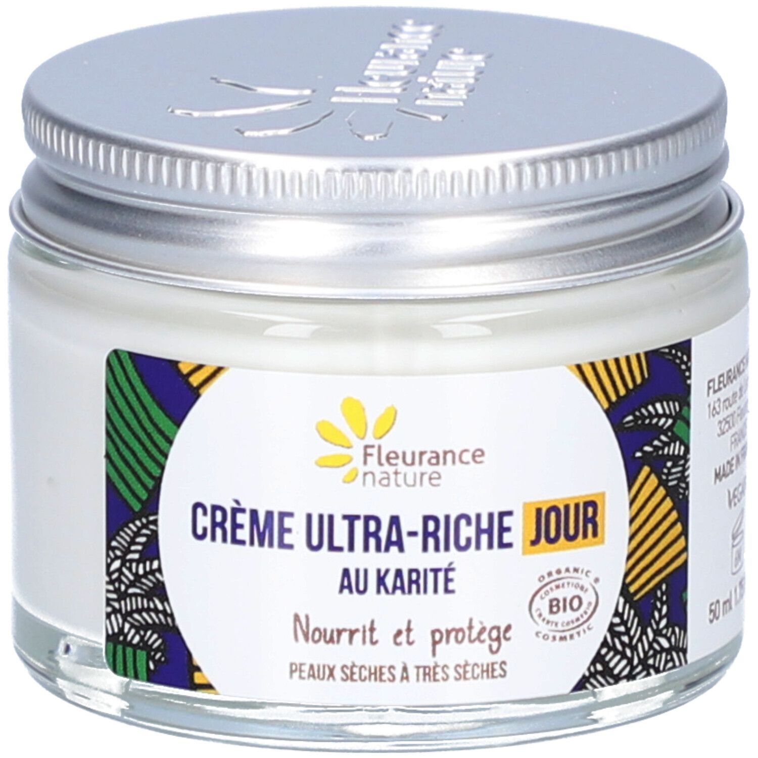 Pot de crème avec couvercle argenté. Étiquette : "Crème Ultra-Riche Jour au Karité". Certification bio.