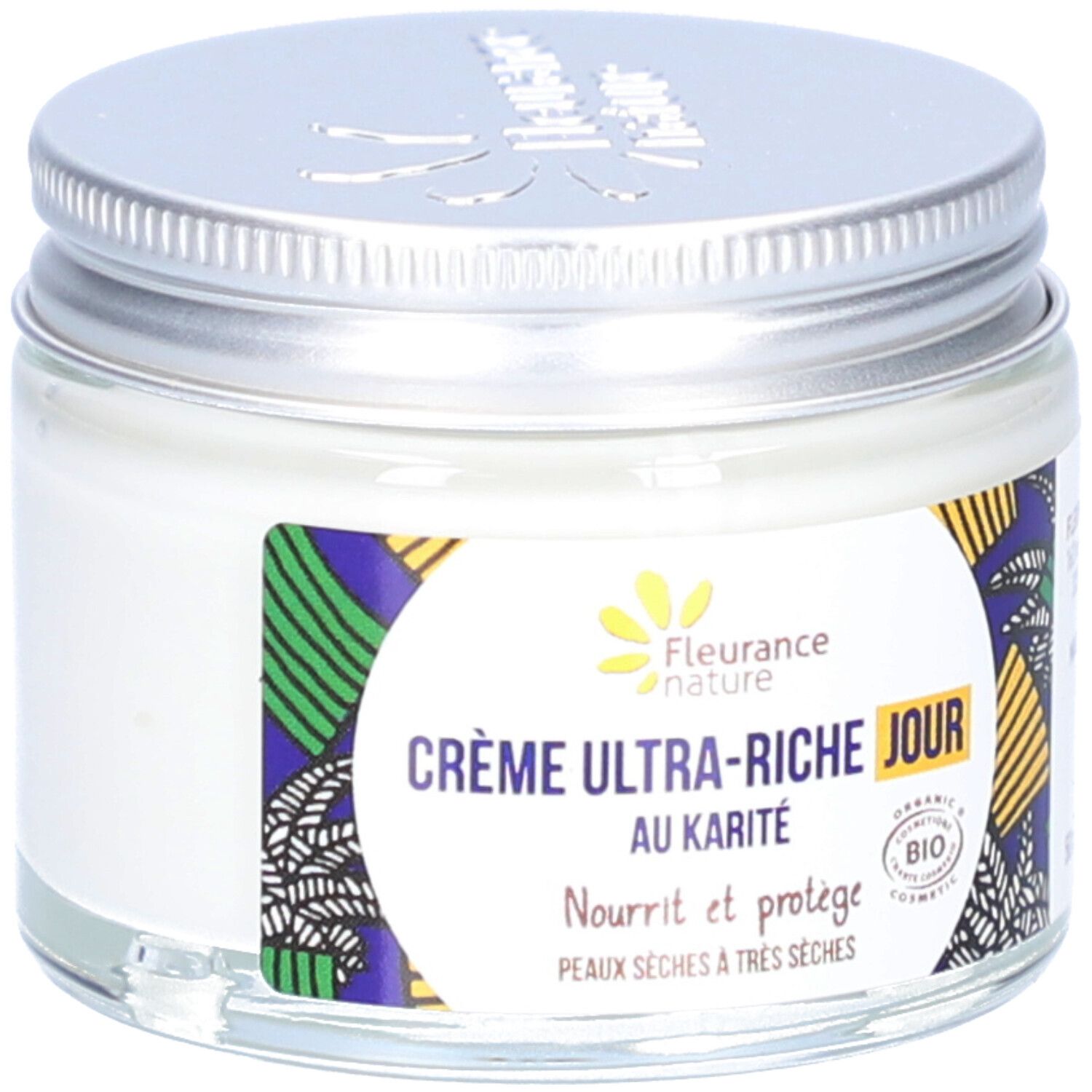 Pot de crème avec couvercle argenté. Étiquette avec texte : "Crème Ultra-Riche Jour au Karité". Certification bio.