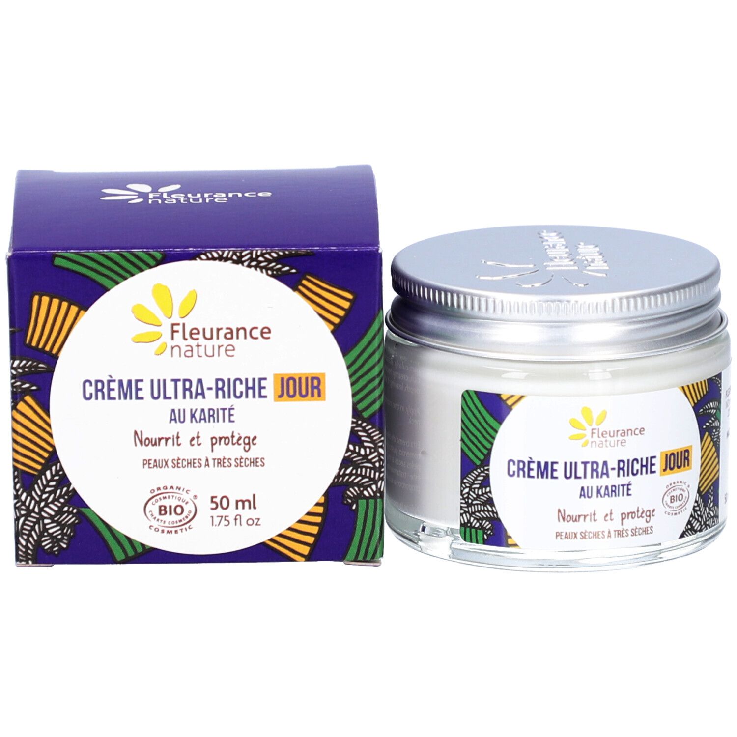 Pot de crème et boîte. Sur la boîte : "Crème Ultra-Riche Jour au Karité". Certification bio. 50 ml.