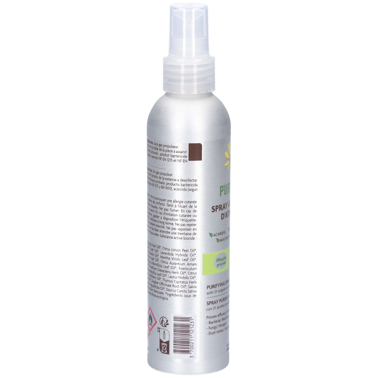 Dos du flacon spray argenté. Texte et ingrédients en français. Symboles de danger en bas.