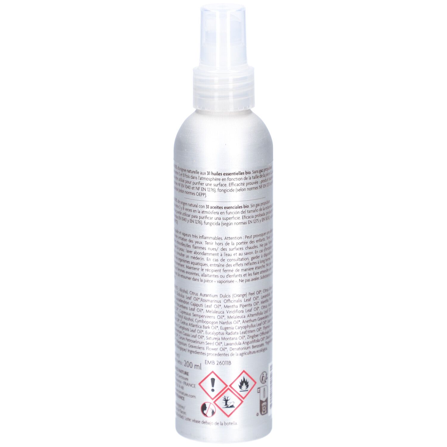 Dos du flacon spray argenté. Texte en français. Volume: 200 ml. Symboles de danger.