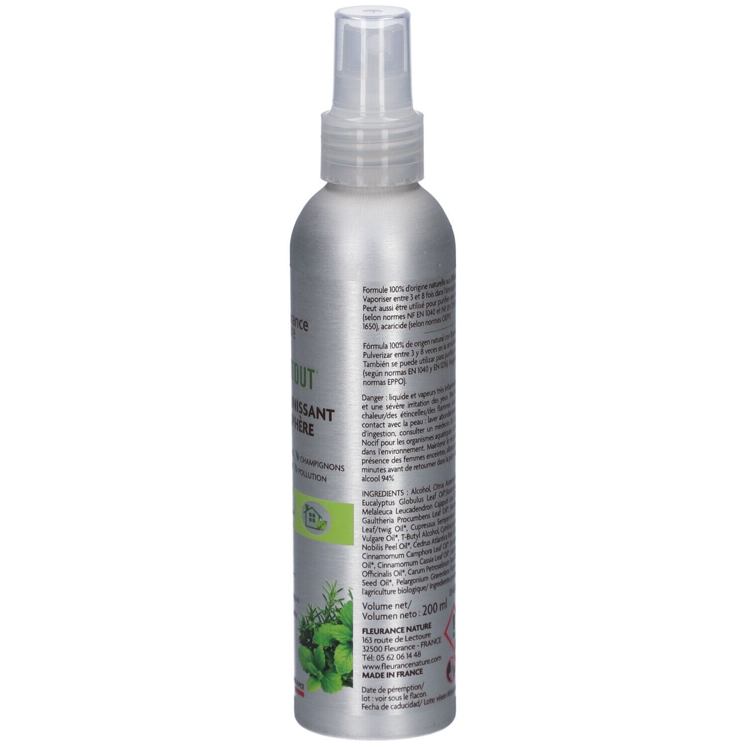 Dos du flacon spray argenté. Texte en français. Volume: 200 ml. Symboles de danger.