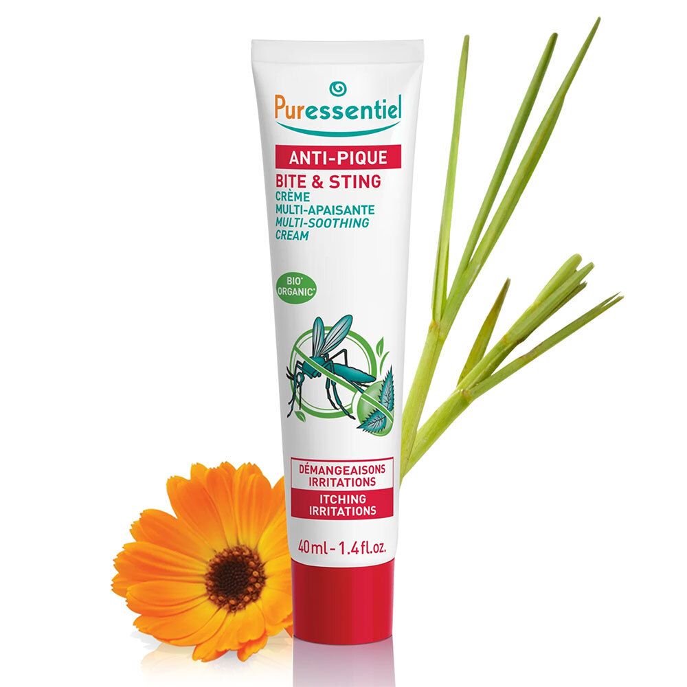 Tube de crème avec inscription : Anti-Pique, crème multi-apaisante. Certification bio. Avec fleur.