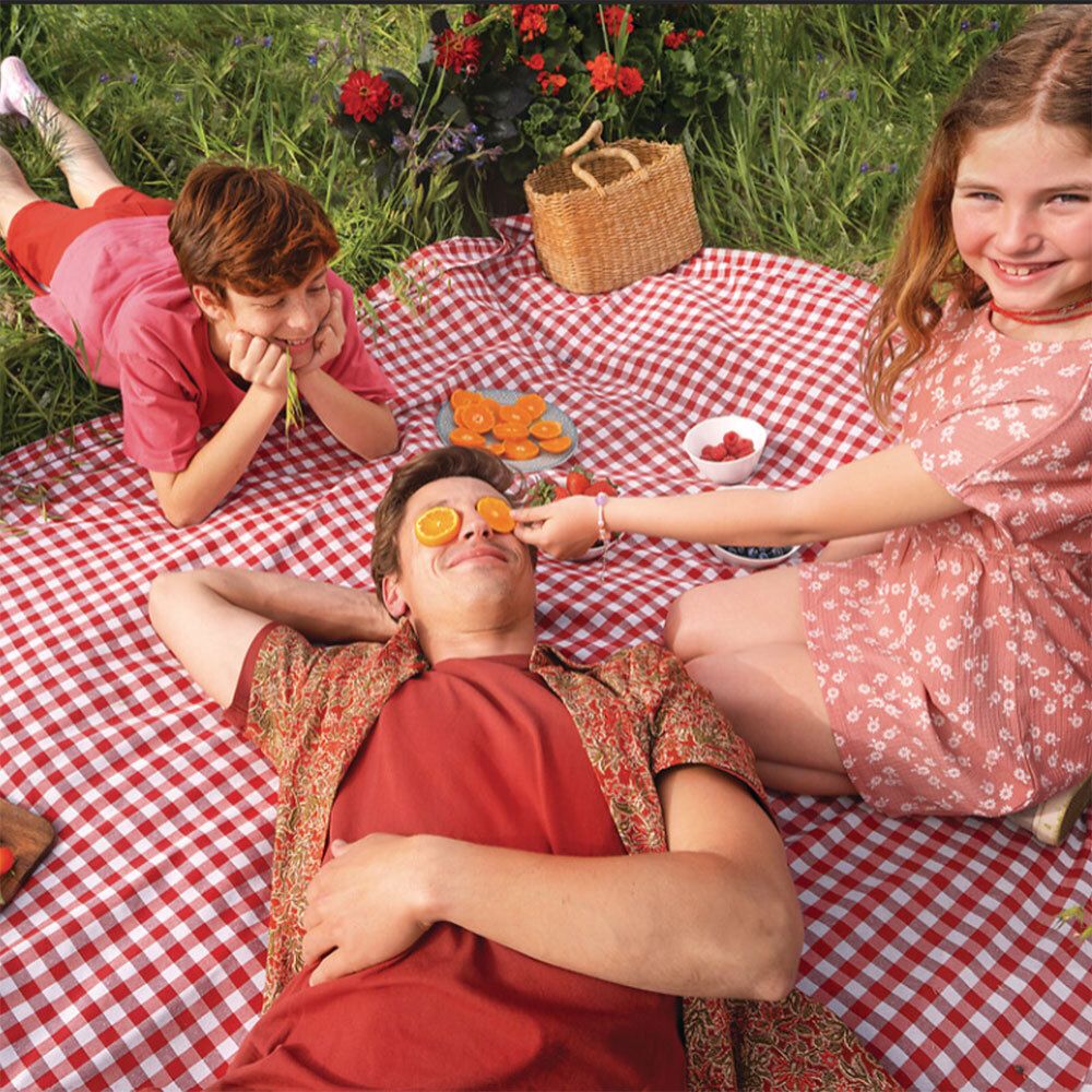 Famille sur une couverture de pique-nique. Aucun produit visible.