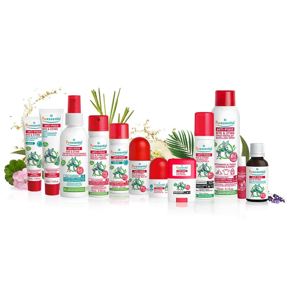 Divers produits. Inscription : Anti-Pique, crème multi-apaisante. Certification bio.