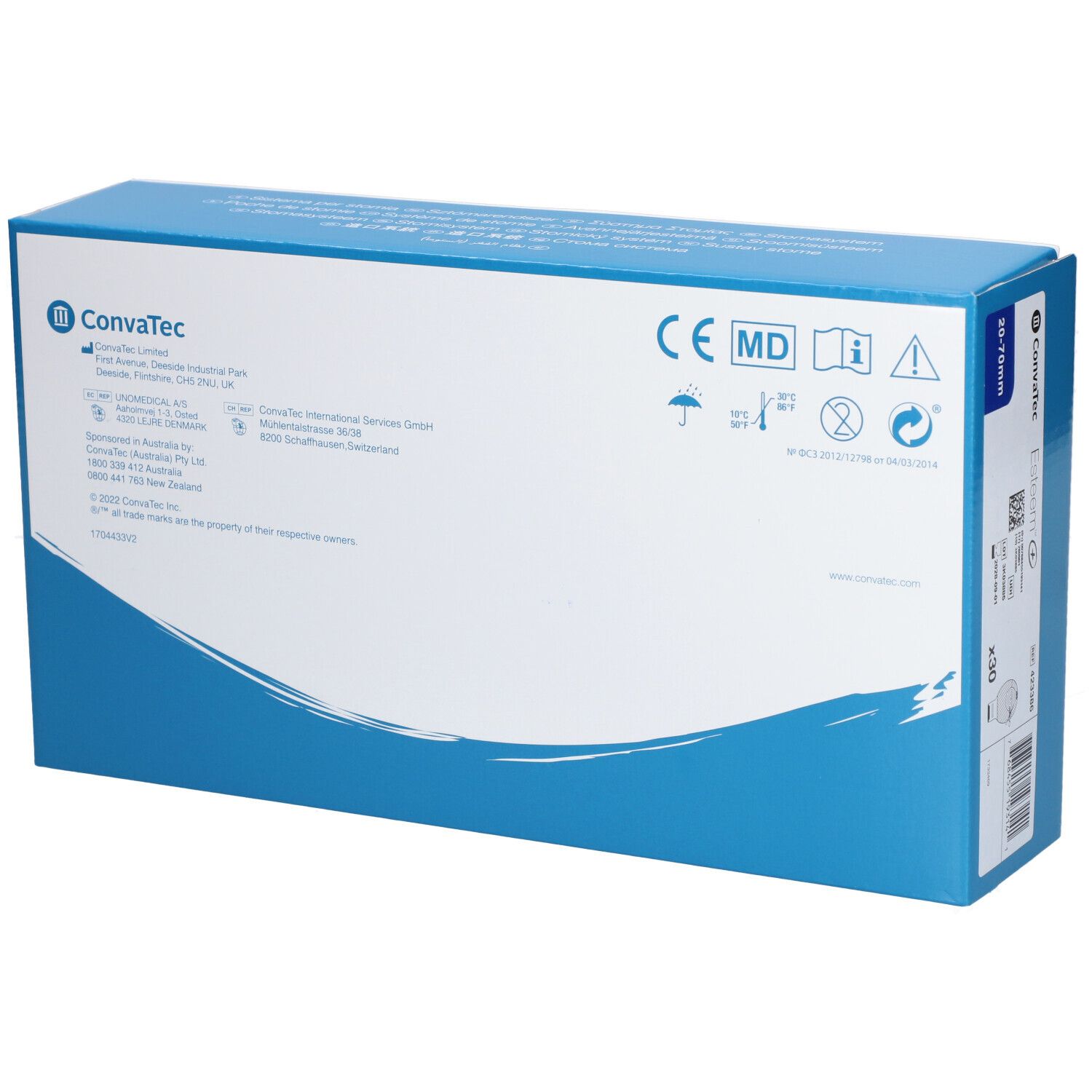 Emballage produit bleu et blanc. Inscription ConvaTec, marquage CE et pictogrammes. Forme rectangulaire.