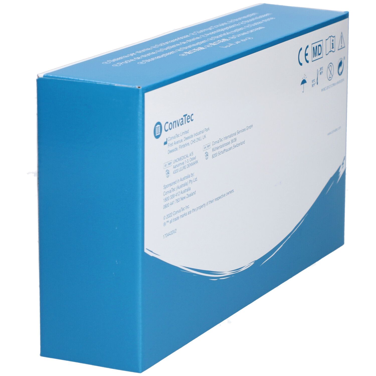 Emballage produit bleu et blanc. Logo ConvaTec et texte. Marquage CE et pictogrammes. Forme rectangulaire.