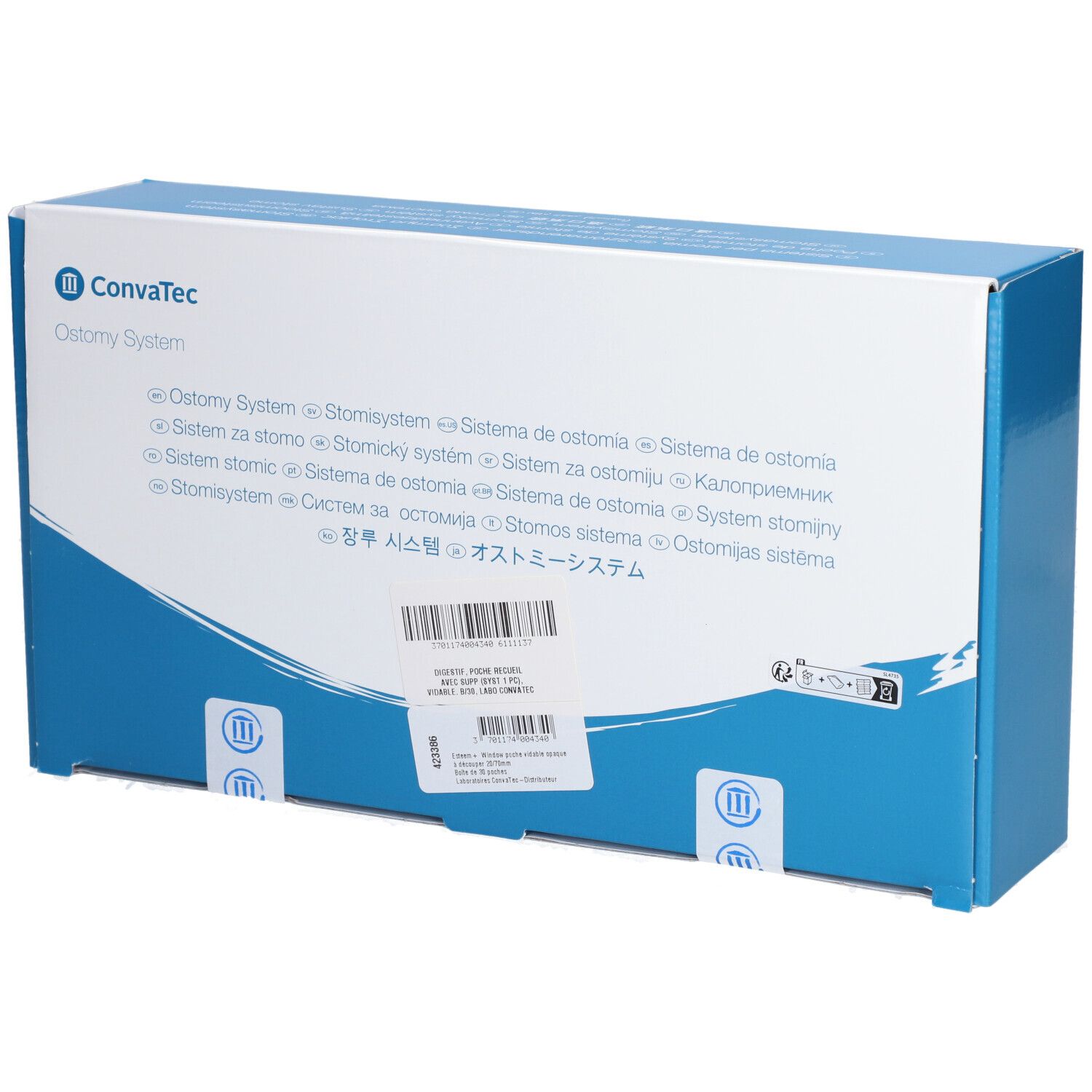 Emballage produit bleu et blanc. Logo ConvaTec et texte. Inscription 'Ostomy System'. Forme rectangulaire.
