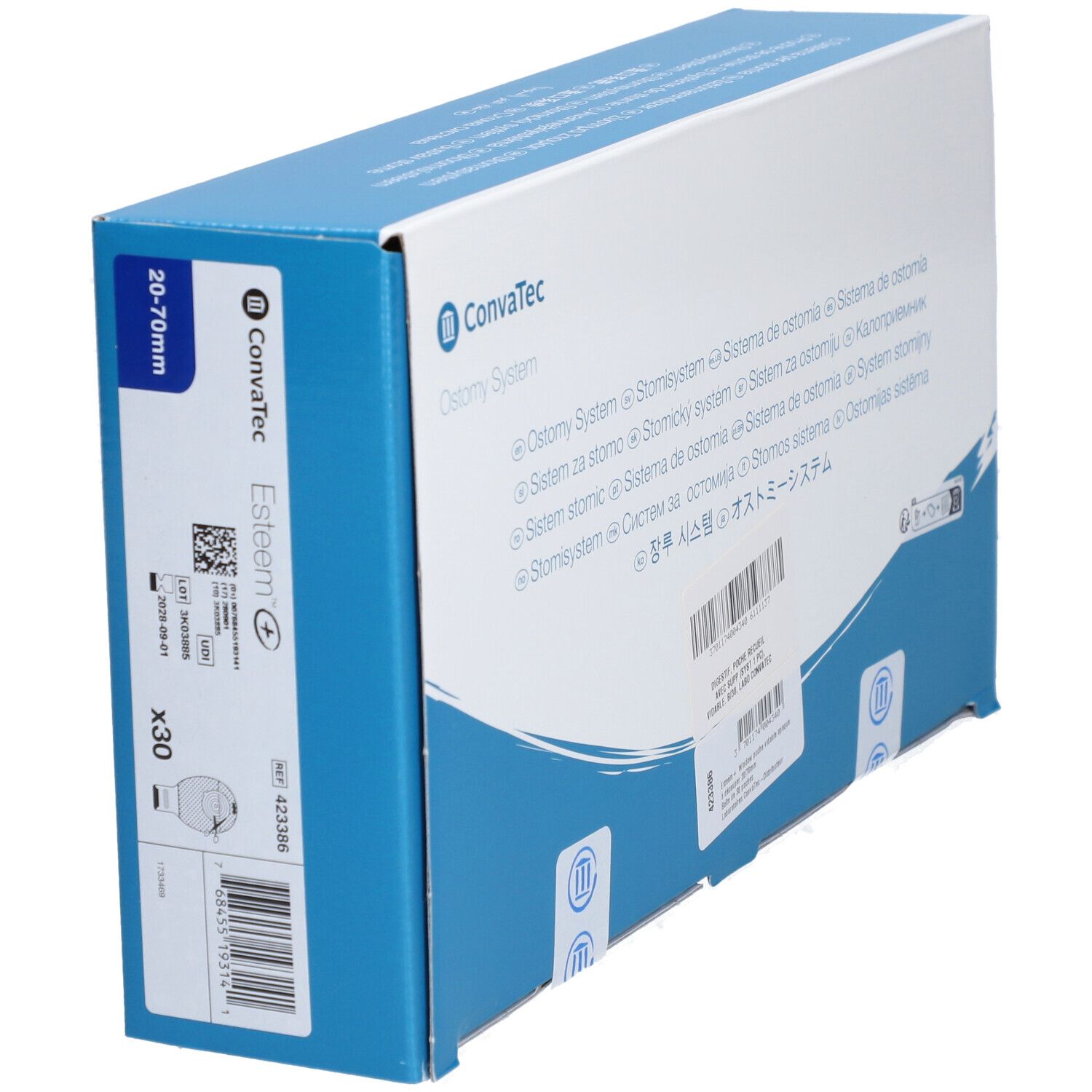 Emballage produit bleu et blanc. Logo ConvaTec et texte. Inscription 'Ostomy System'. Contient 30 pièces.